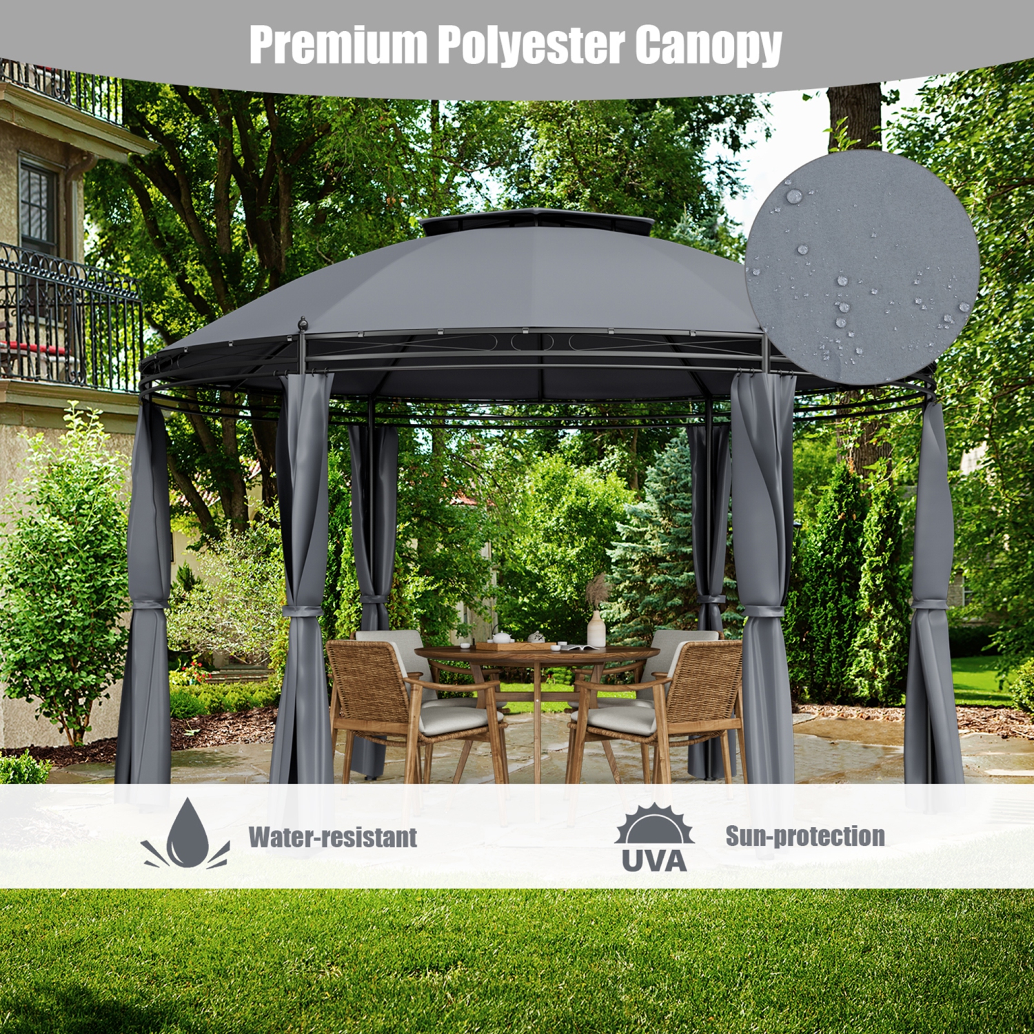 Gymax 11.5' Outdoor Patio Round Dome Gazebo Canopy Shelter Double Roof Steel Gray