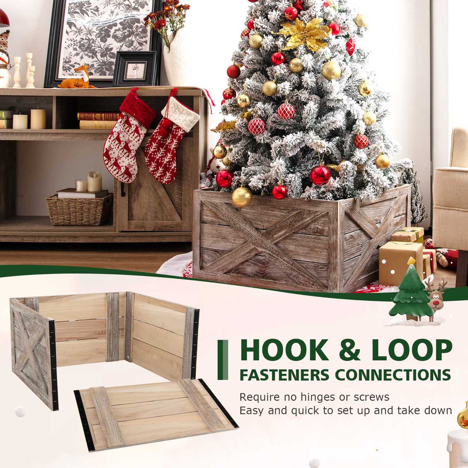 Gymax 37 x 27 inches Solid Wooden Christmas Tree Box w/ Hook & Loop Fasteners