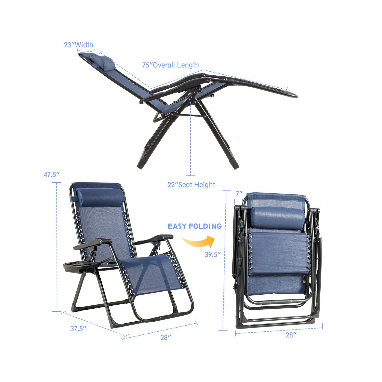Gymax 2PCS Folding Zero weighted Lounge Chair Recliner w/ Cup Holder Pillow