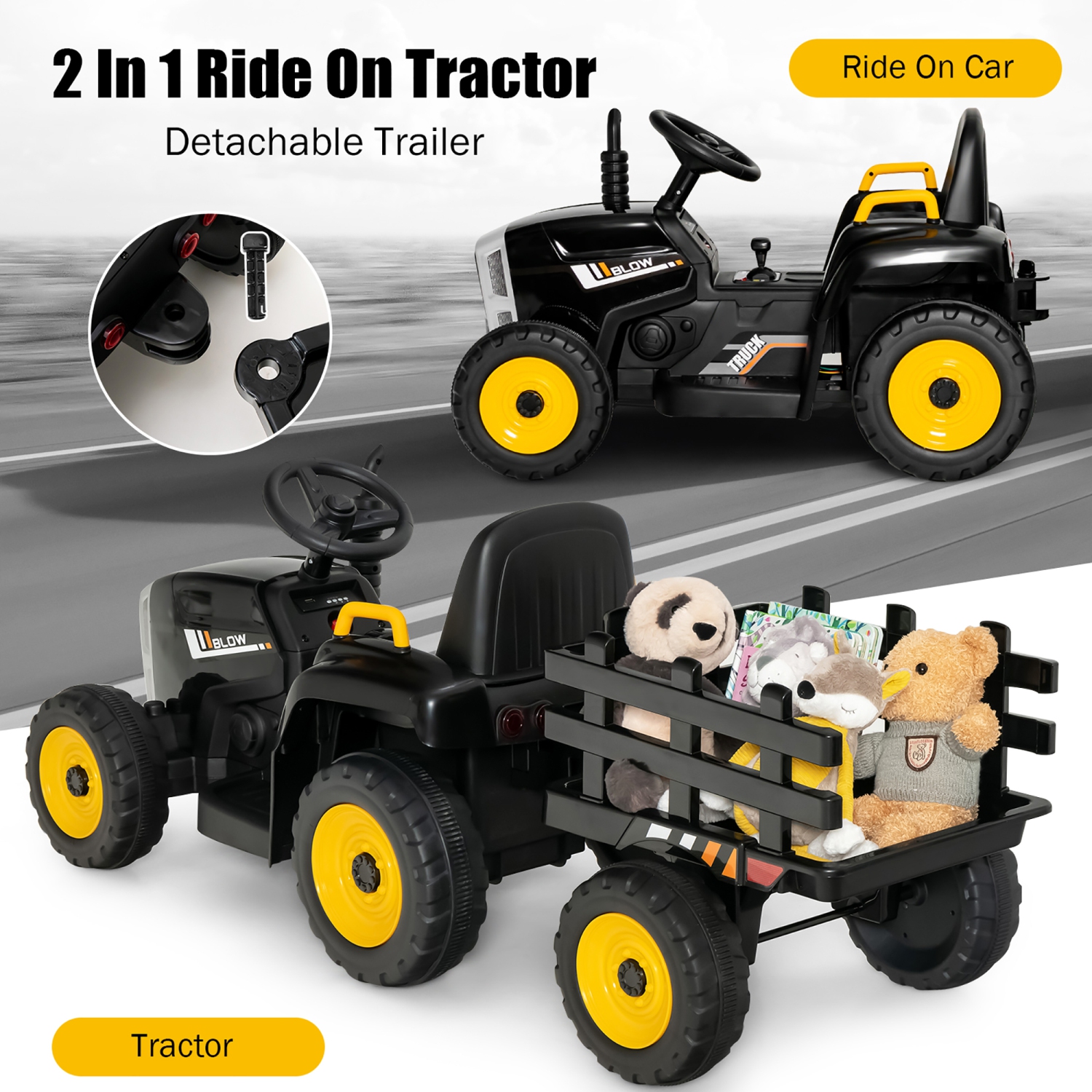 Costway 12V Kids Ride On Tractor with Trailer Ground Loader w/ RC & Lights