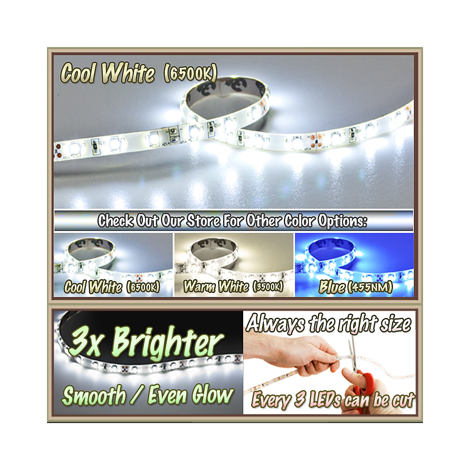 2' Feet Cool White 36 LEDs Light SMD3528 On/Off Switch Control Kit 110V Plug - LED Strip Lighting Reading Strip Night Lamp Bulb Accent Waterproof