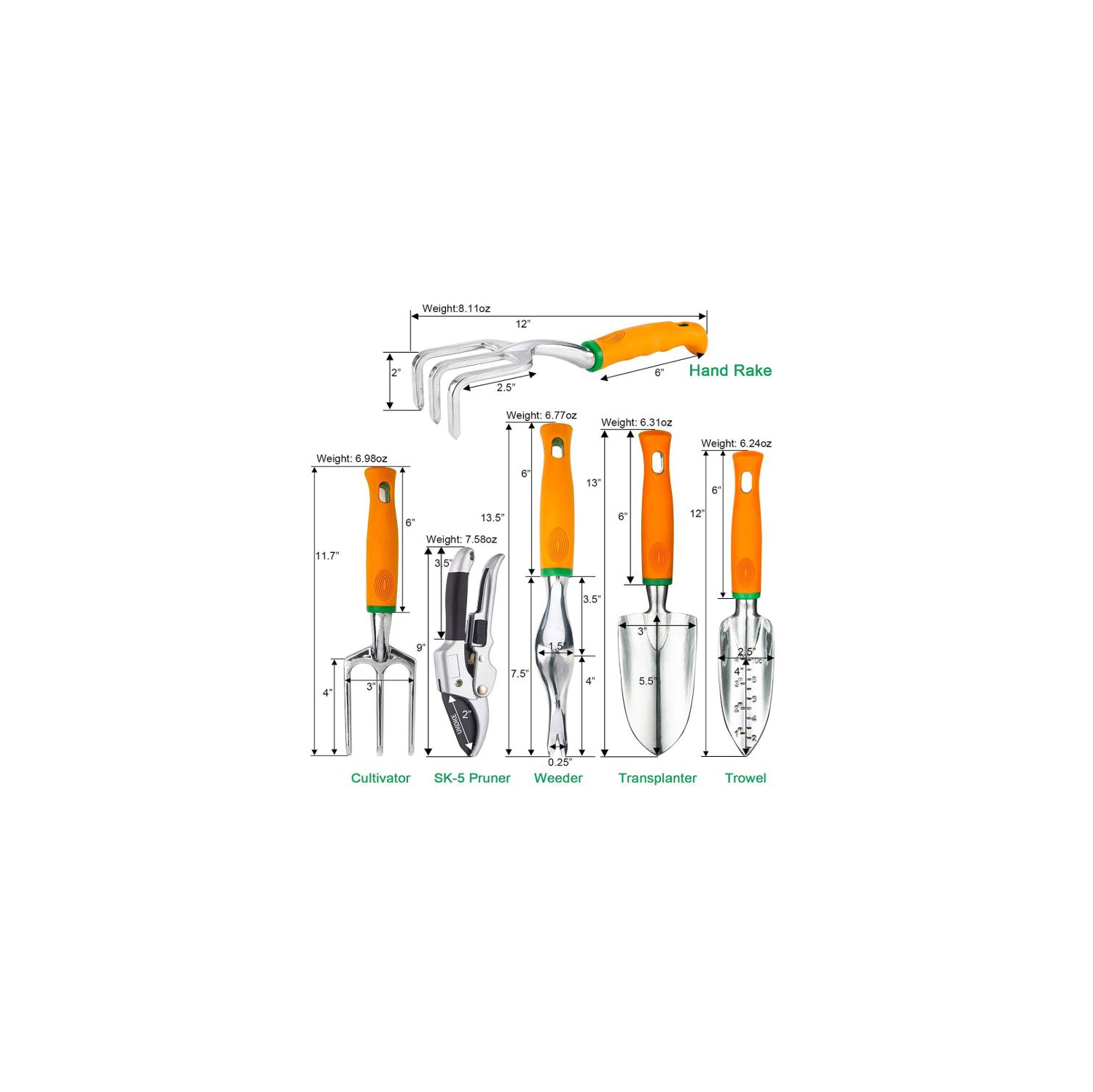 UKOKE UGP02G Kit d'outils de jardin en aluminium Orange 12 pièces