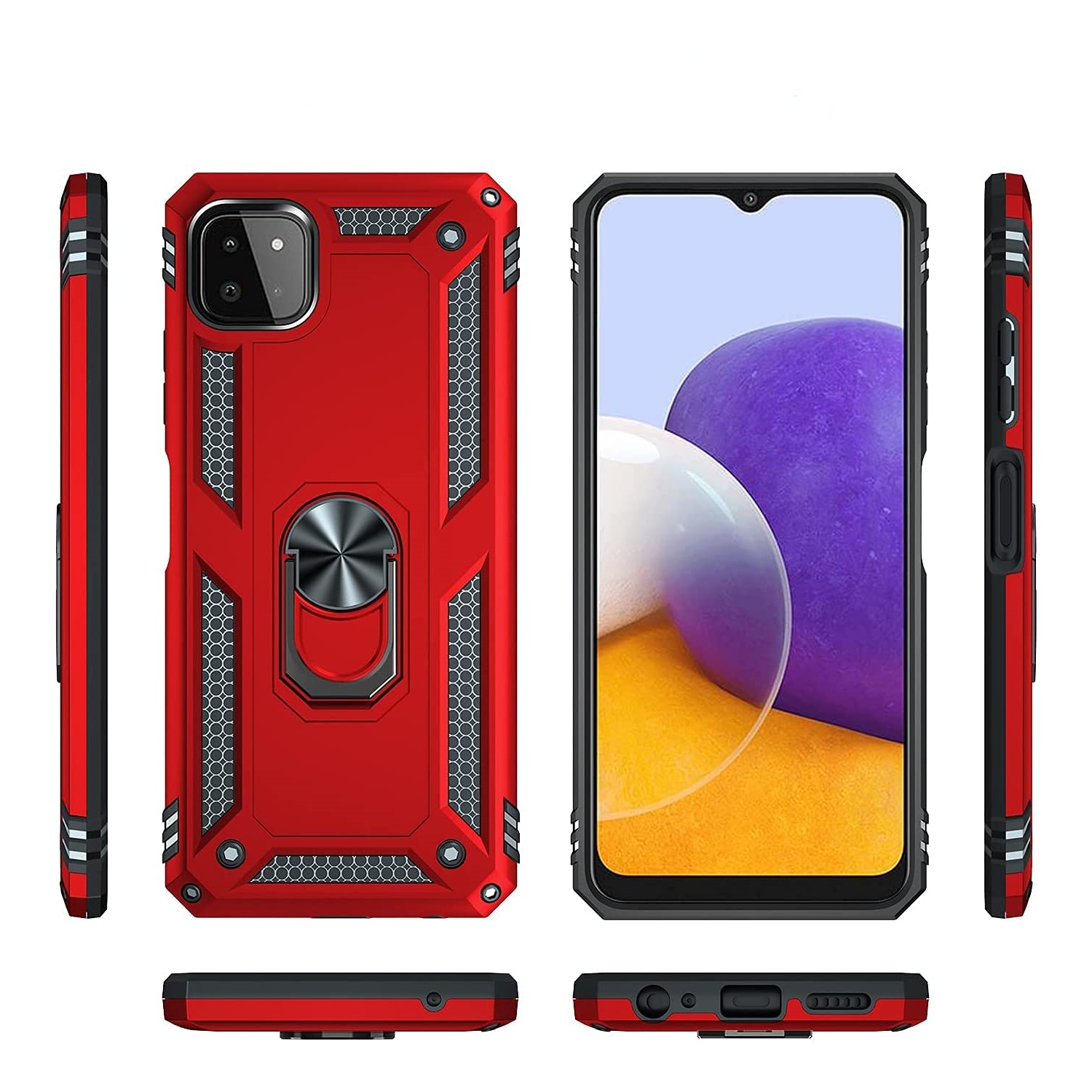 【CSmart】 Anti-Drop Hybrid Magnetic Hard Kickstand Case Cover with Ring Holder for Samsung Galaxy A22 5G (6.6"), Red