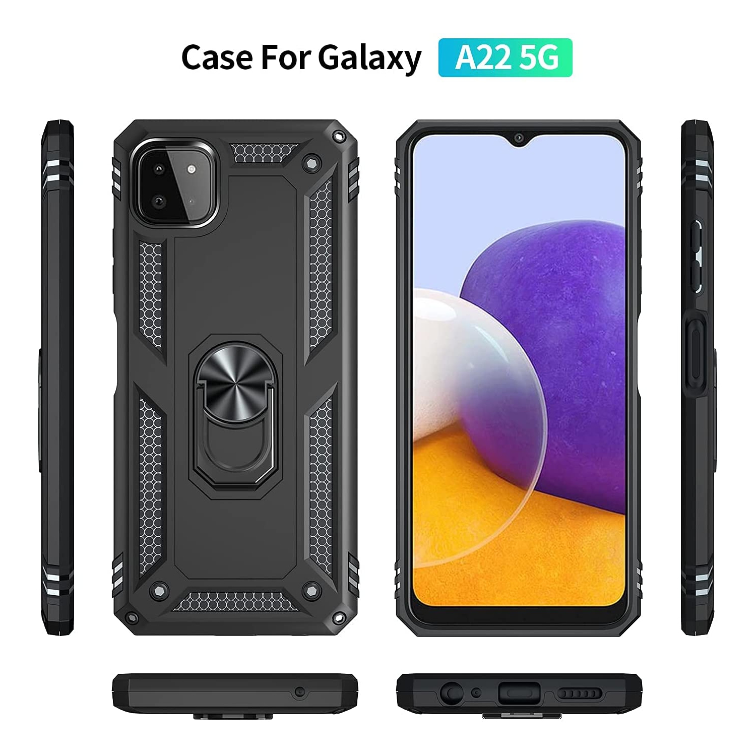 【CSmart】 Anti-Drop Hybrid Magnetic Hard Kickstand Case Cover with Ring Holder for Samsung Galaxy A22 5G (6.6"), Black