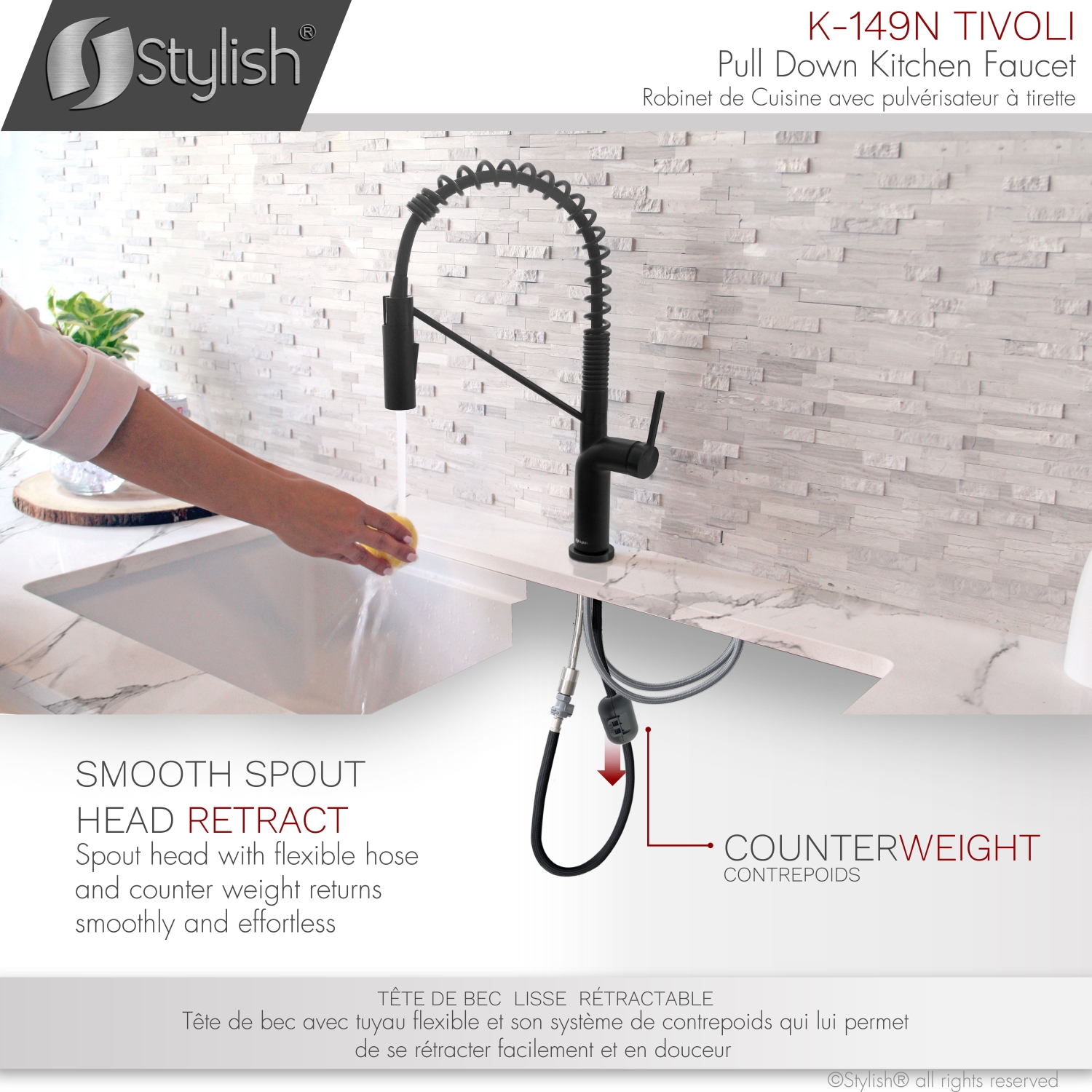 STYLISH Stainless Steel Single Handle Pull Down Sprayer Kitchen Faucet in Matte Black Finish K-149N