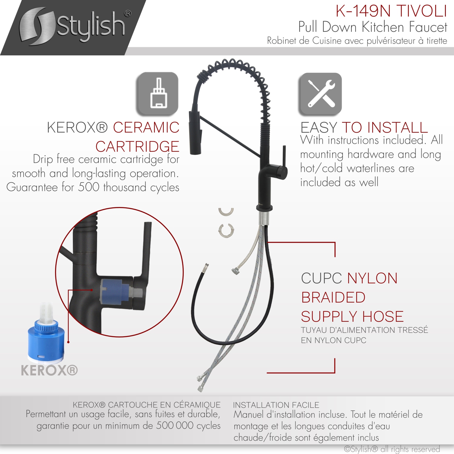 STYLISH Stainless Steel Single Handle Pull Down Sprayer Kitchen Faucet in Matte Black Finish K-149N