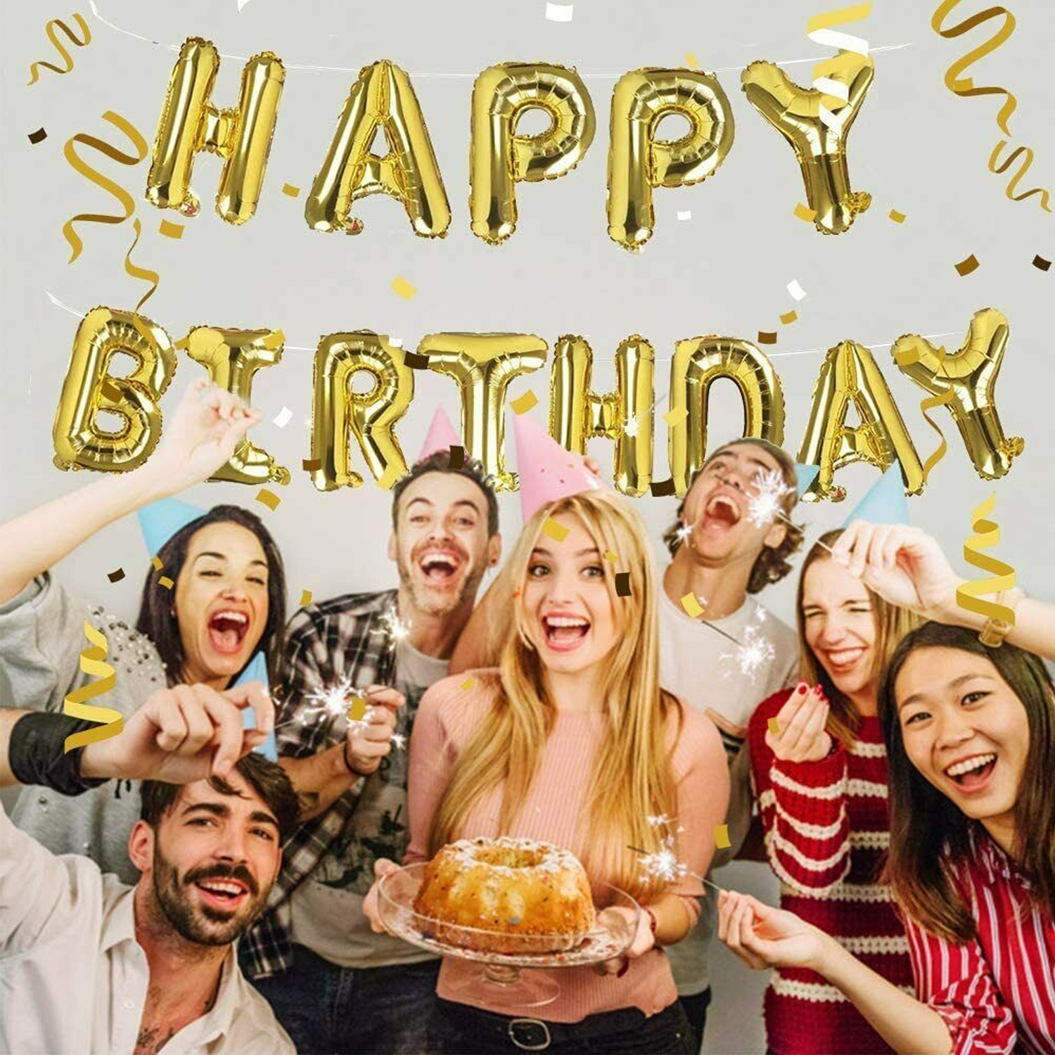 Bannière de ballons de joyeux anniversaire à suspendre en or pour les décorations de fête