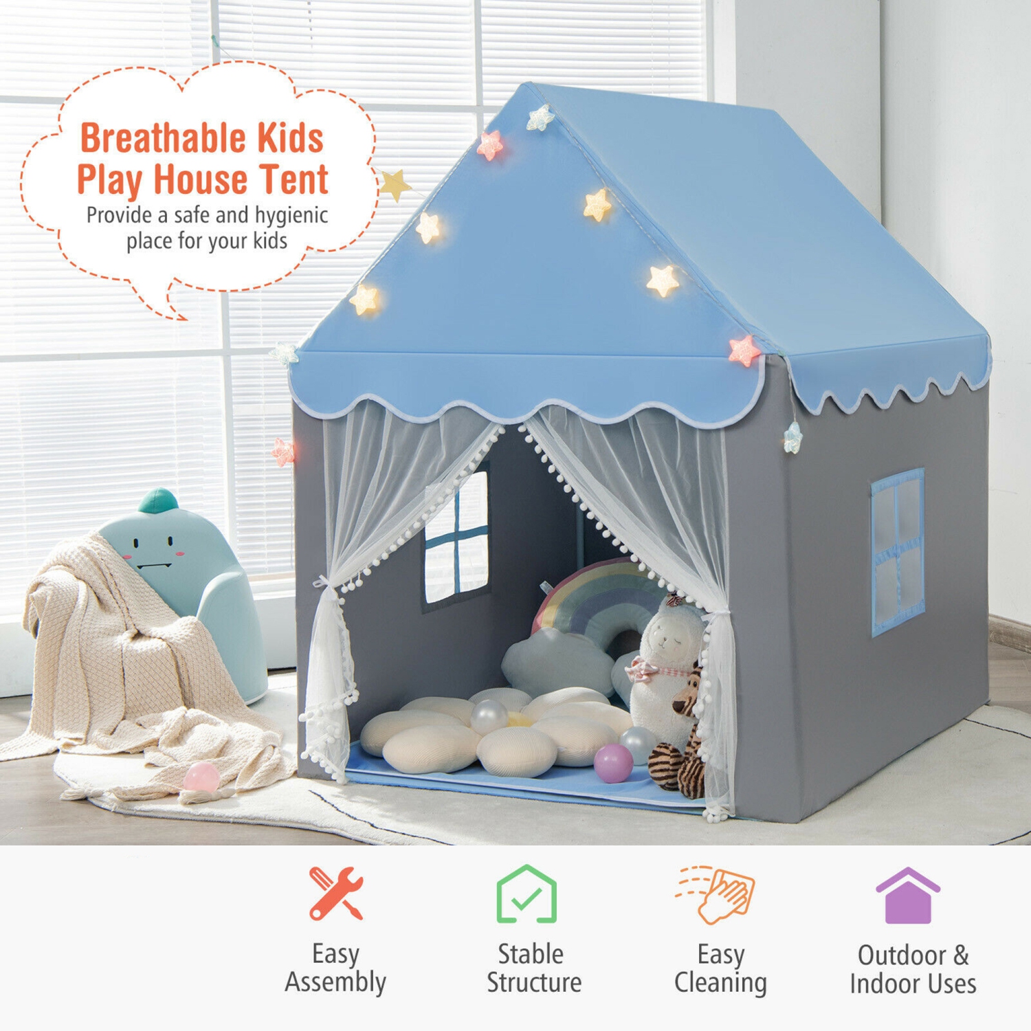 Gymax Kids Playhouse Tent Large Castle Fairy Tent Gift w/Star Lights Mat