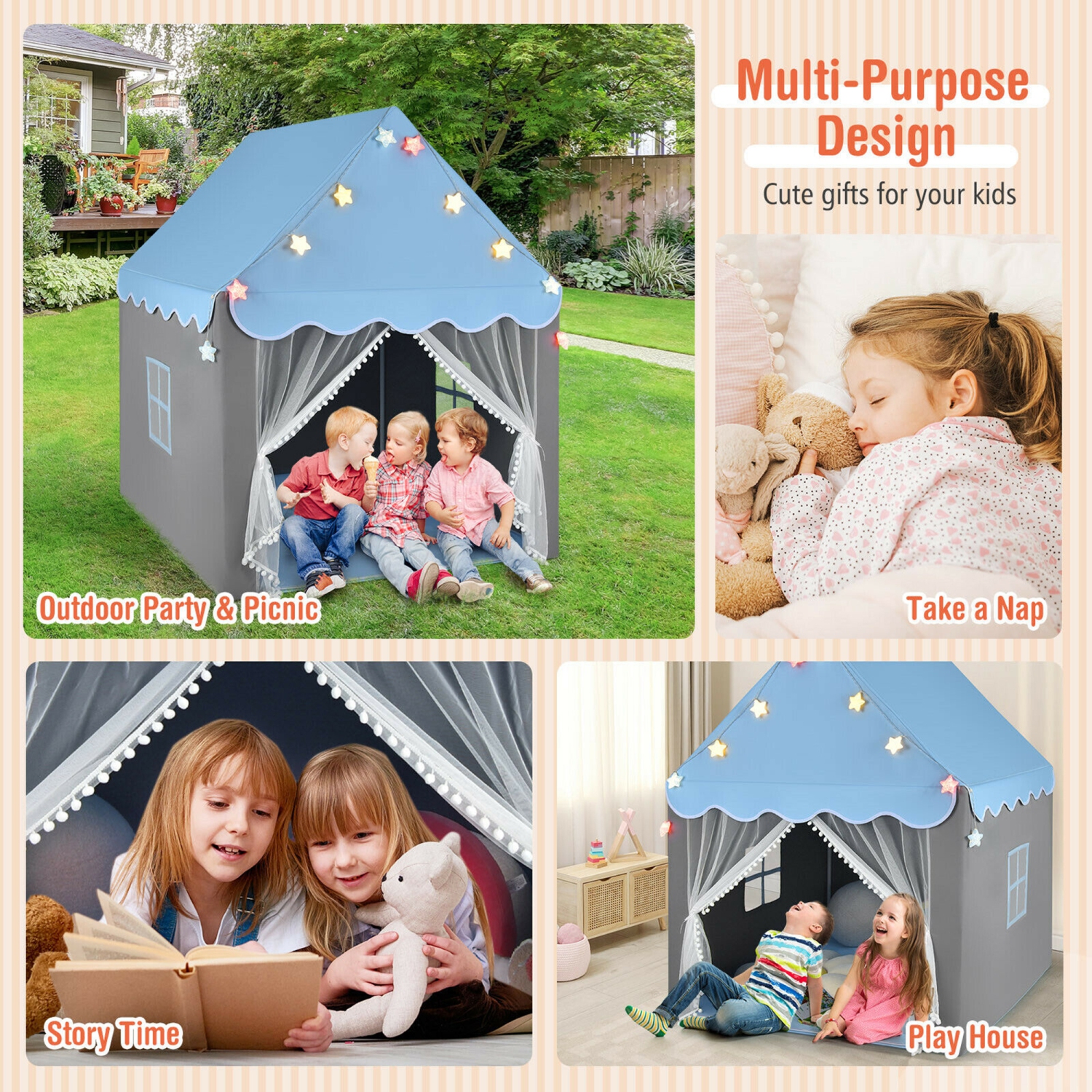 Gymax Kids Playhouse Tent Large Castle Fairy Tent Gift w/Star Lights Mat