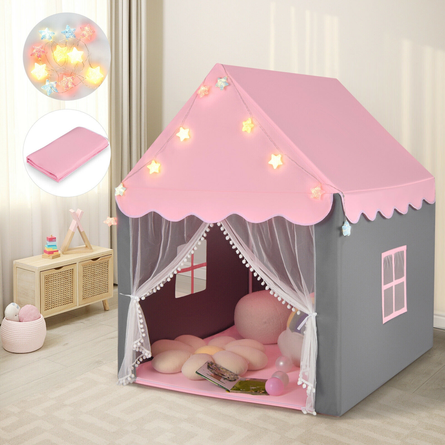 Gymax Kids Playhouse Tent Large Castle Fairy Tent Gift w/Star Lights Mat