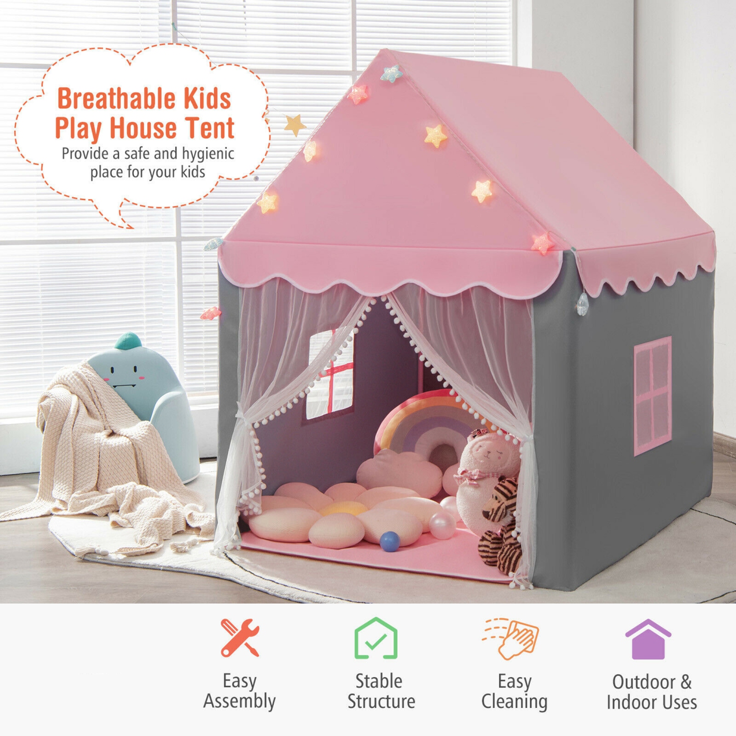 Gymax Kids Playhouse Tent Large Castle Fairy Tent Gift w/Star Lights Mat