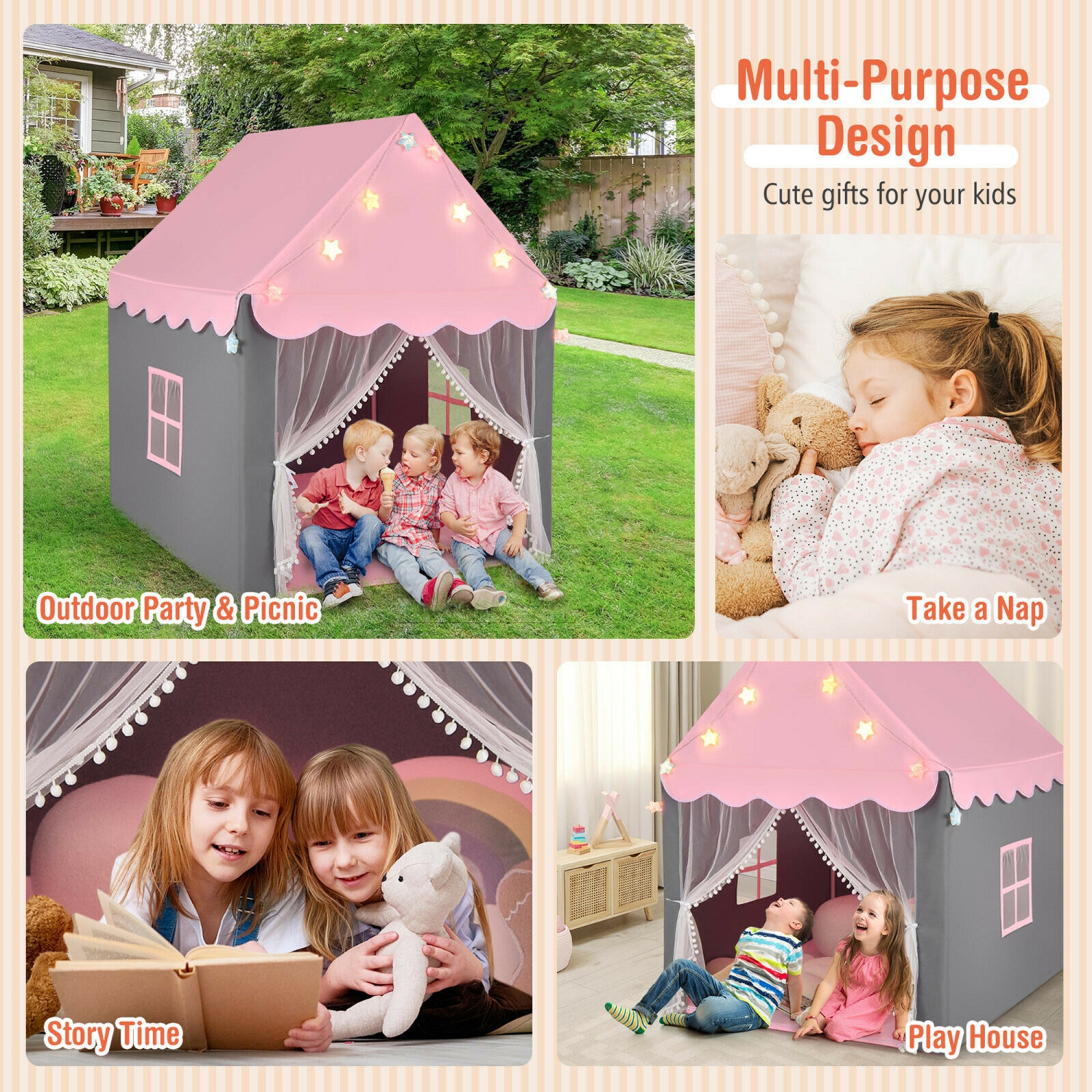 Gymax Kids Playhouse Tent Large Castle Fairy Tent Gift w/Star Lights Mat