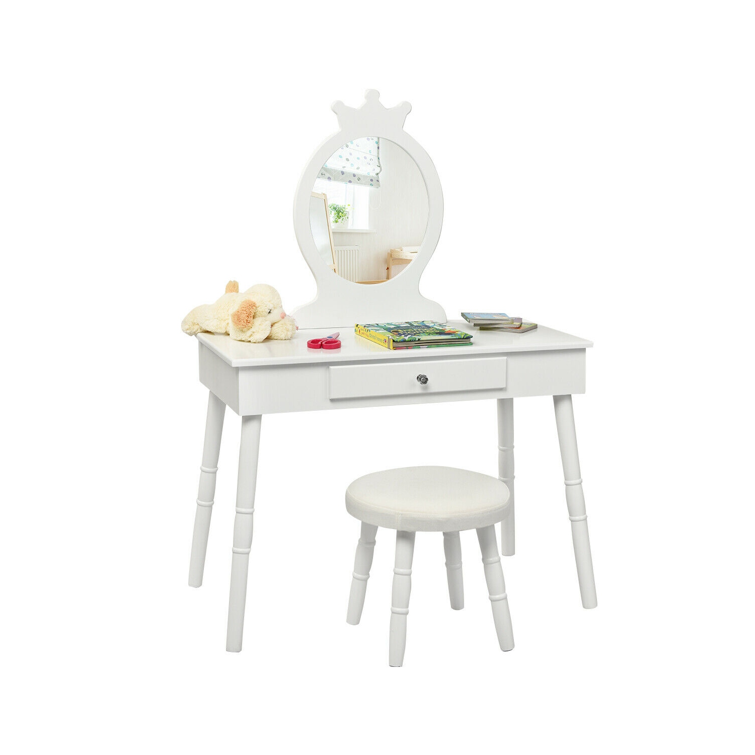 Gymax Vanity Makeup Table & Chair Set Make Up Stool Play Set for Children White