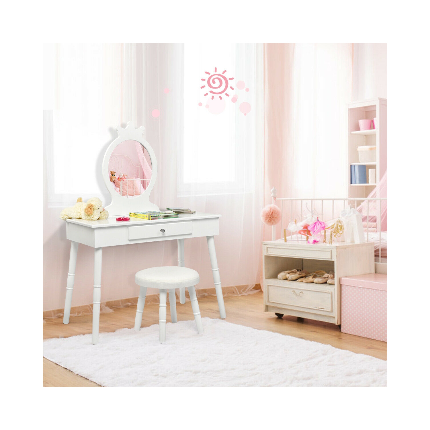 Gymax Vanity Makeup Table & Chair Set Make Up Stool Play Set for Children White