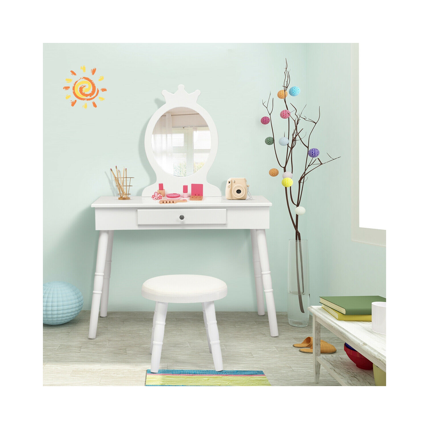 Gymax Vanity Makeup Table & Chair Set Make Up Stool Play Set for Children White