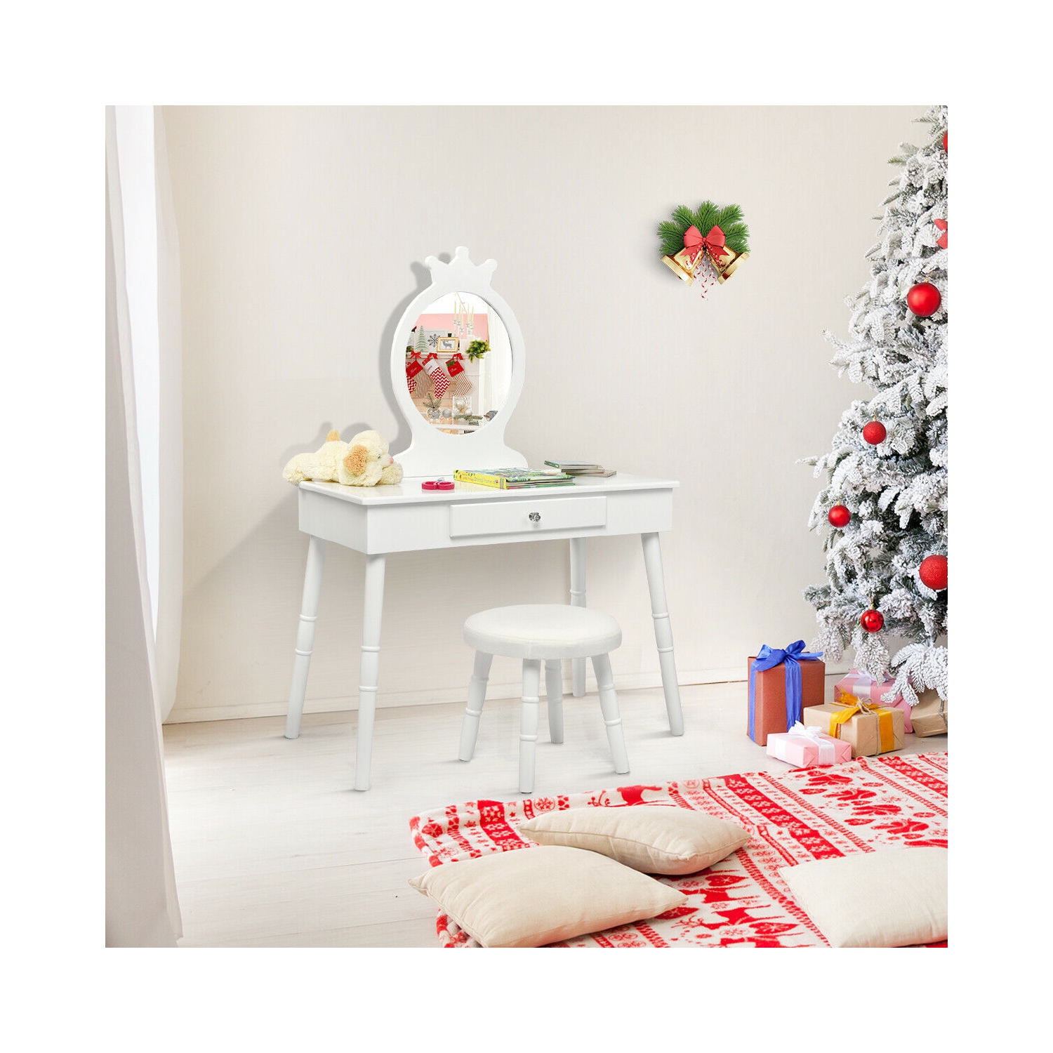 Gymax Vanity Makeup Table & Chair Set Make Up Stool Play Set for Children White