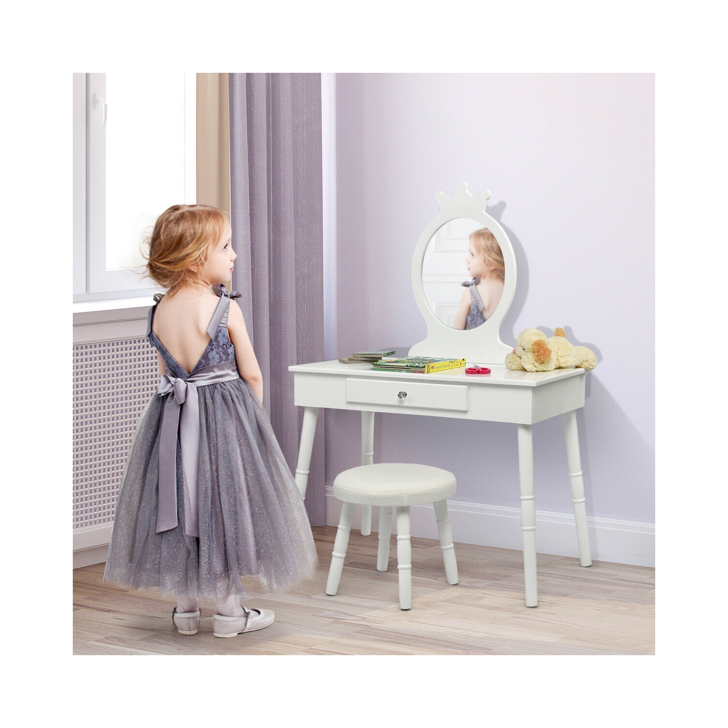 Gymax Vanity Makeup Table & Chair Set Make Up Stool Play Set for Children White