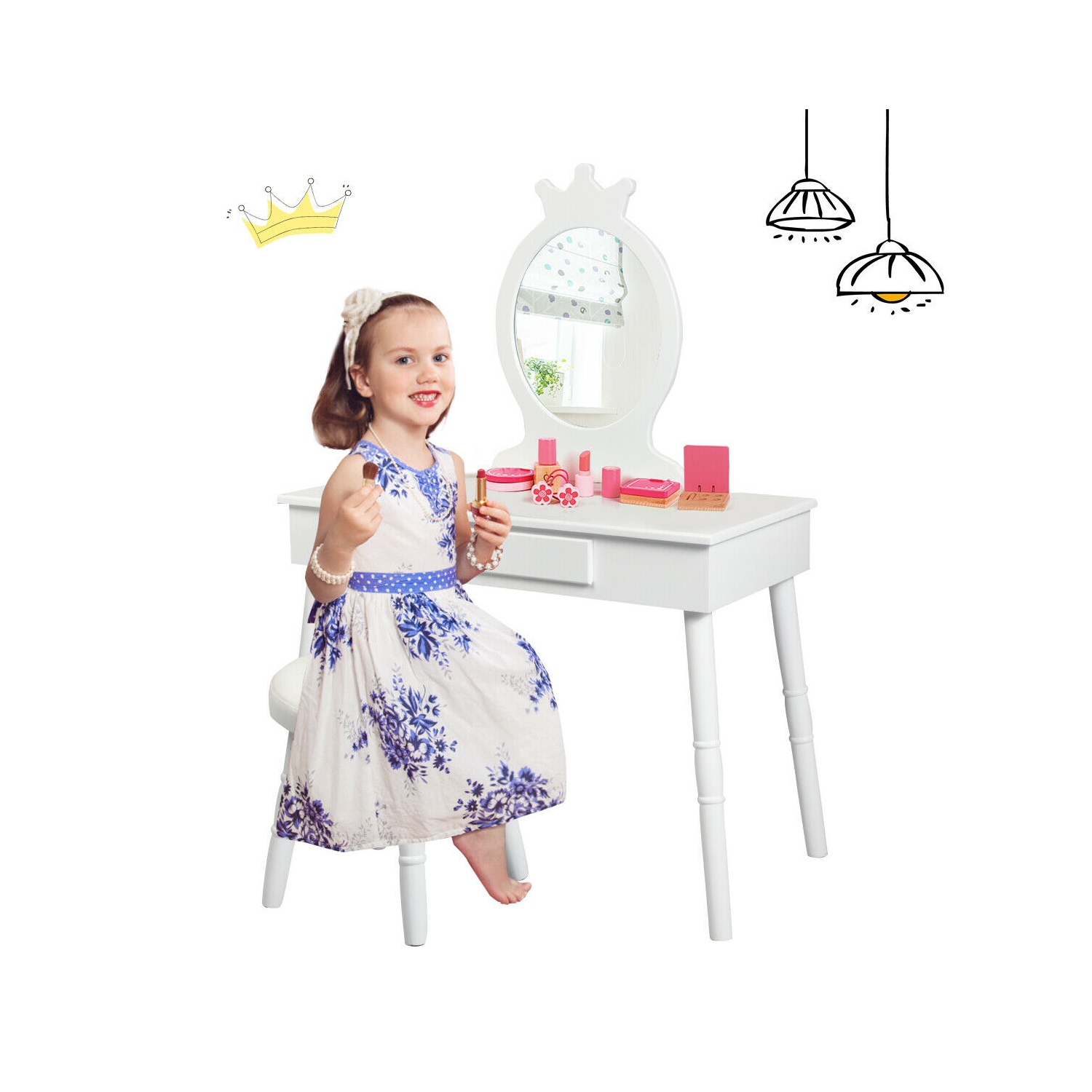 Gymax Vanity Makeup Table & Chair Set Make Up Stool Play Set for Children White