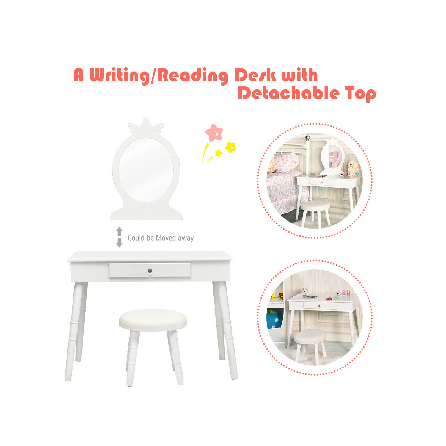 Gymax Vanity Makeup Table & Chair Set Make Up Stool Play Set for Children White