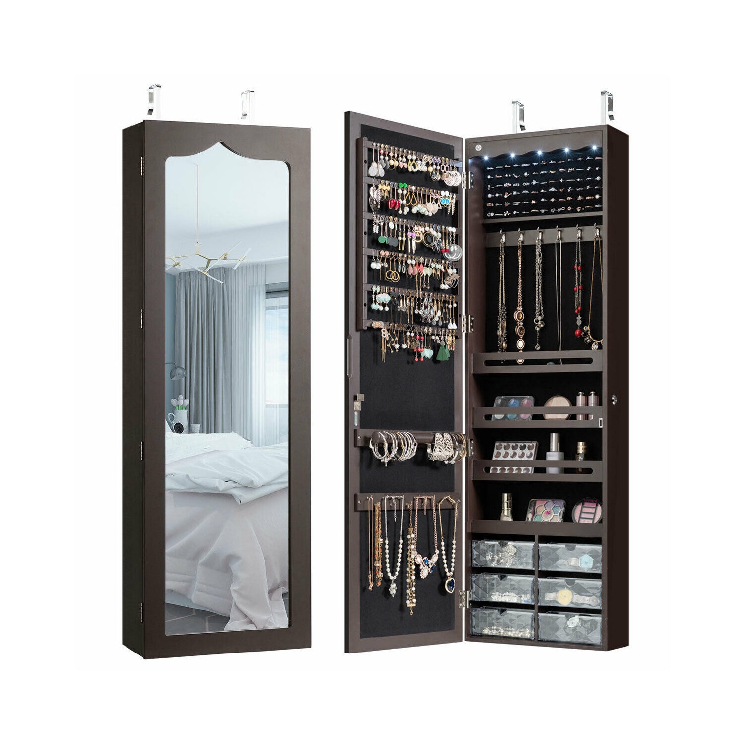 Gymax Wall Door Mounted Jewelry Cabinet Organizer LED Mirror Brown