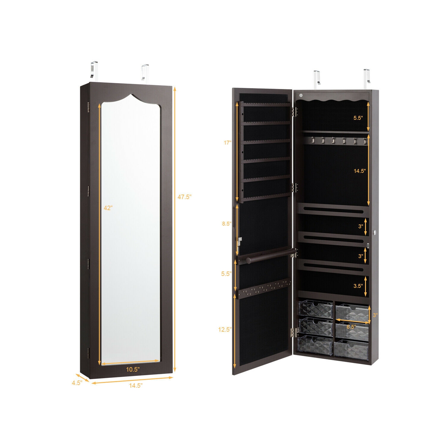 Gymax Wall Door Mounted Jewelry Cabinet Organizer LED Mirror Brown