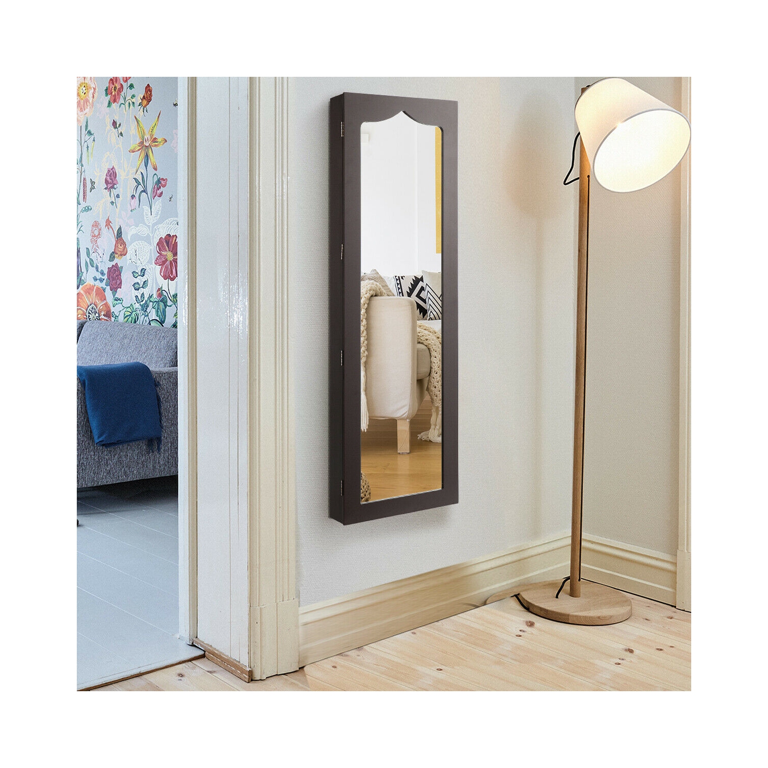 Gymax Wall Door Mounted Jewelry Cabinet Organizer LED Mirror Brown