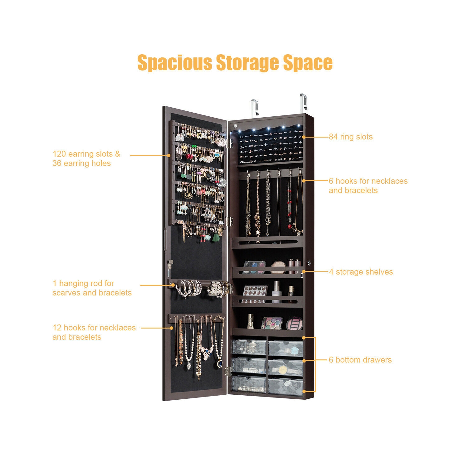 Gymax Wall Door Mounted Jewelry Cabinet Organizer LED Mirror Brown