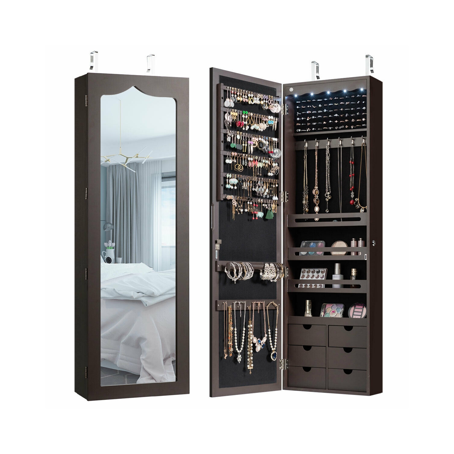 Gymax Lockable Wall Door Mounted Jewelry Cabinet LED Mirror Brown