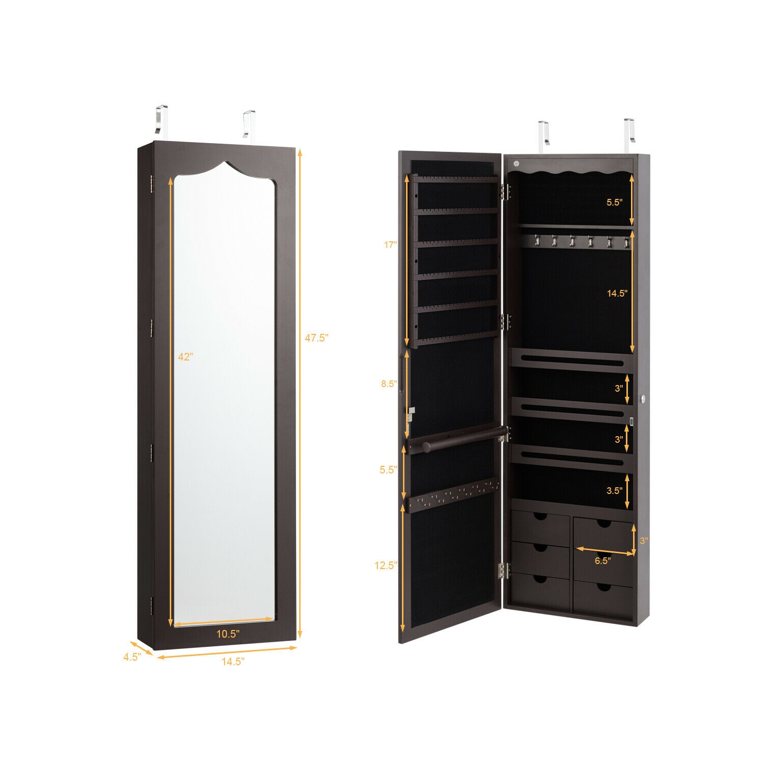 Gymax Lockable Wall Door Mounted Jewelry Cabinet LED Mirror Brown
