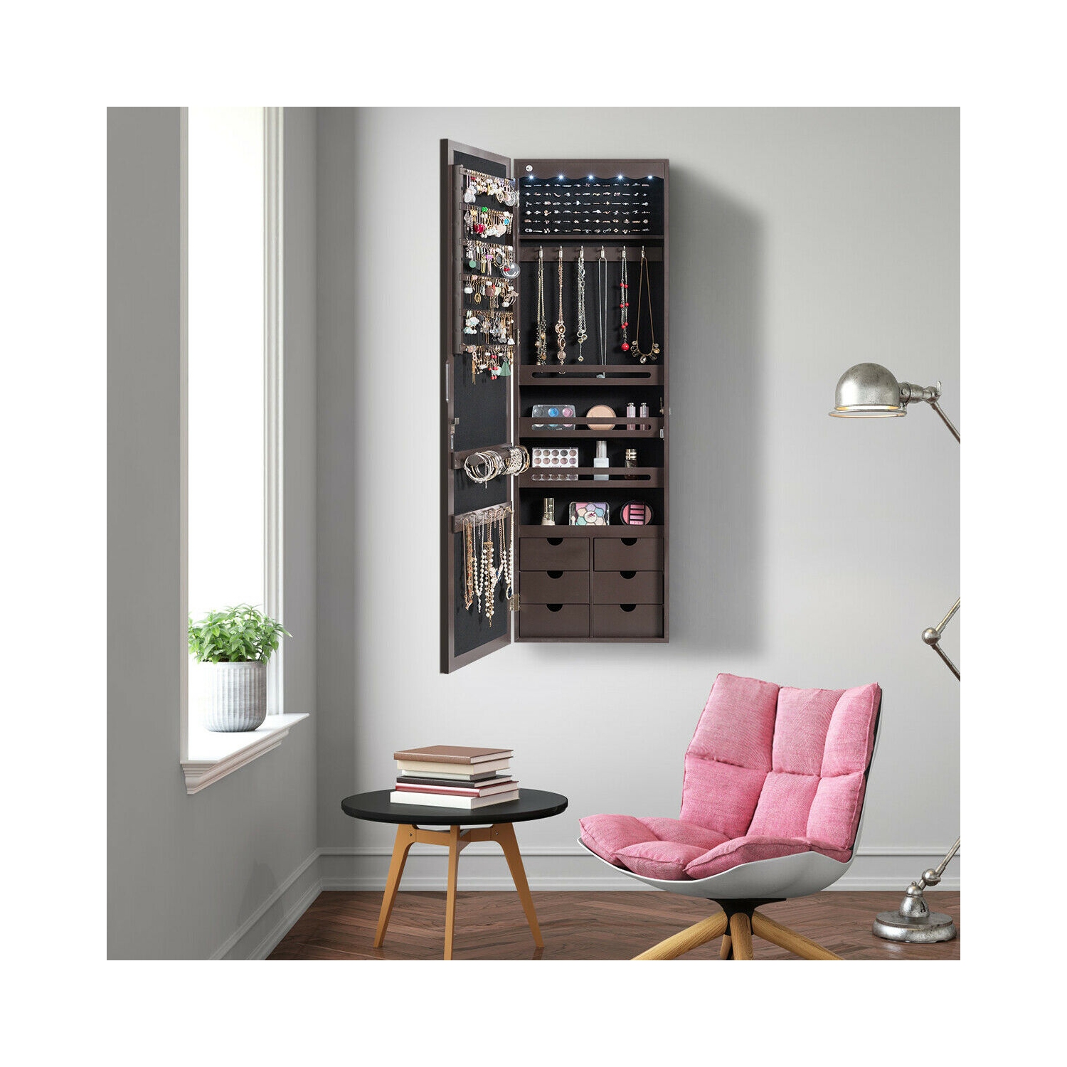 Gymax Lockable Wall Door Mounted Jewelry Cabinet LED Mirror Brown