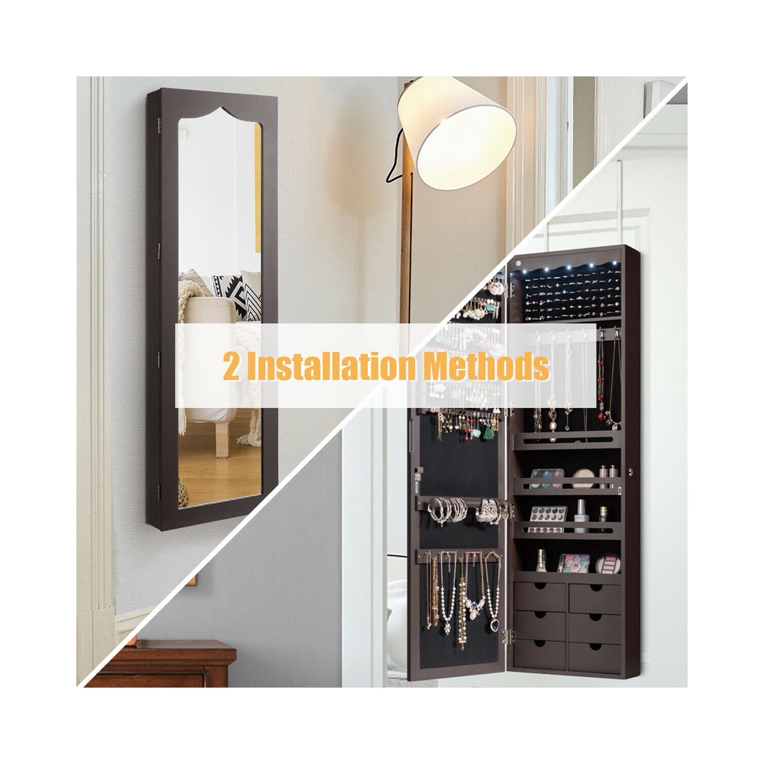 Gymax Lockable Wall Door Mounted Jewelry Cabinet LED Mirror Brown