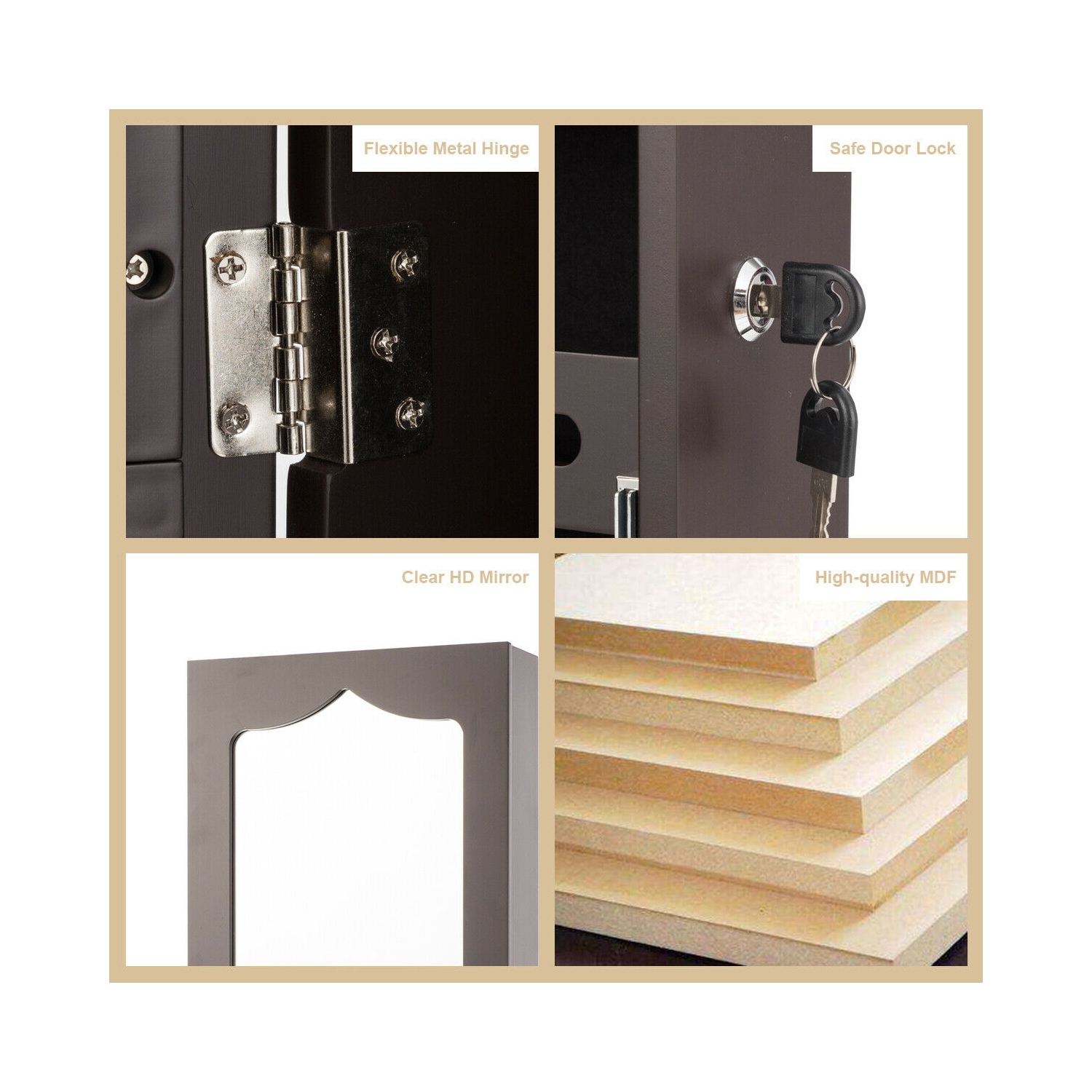 Gymax Lockable Wall Door Mounted Jewelry Cabinet LED Mirror Brown