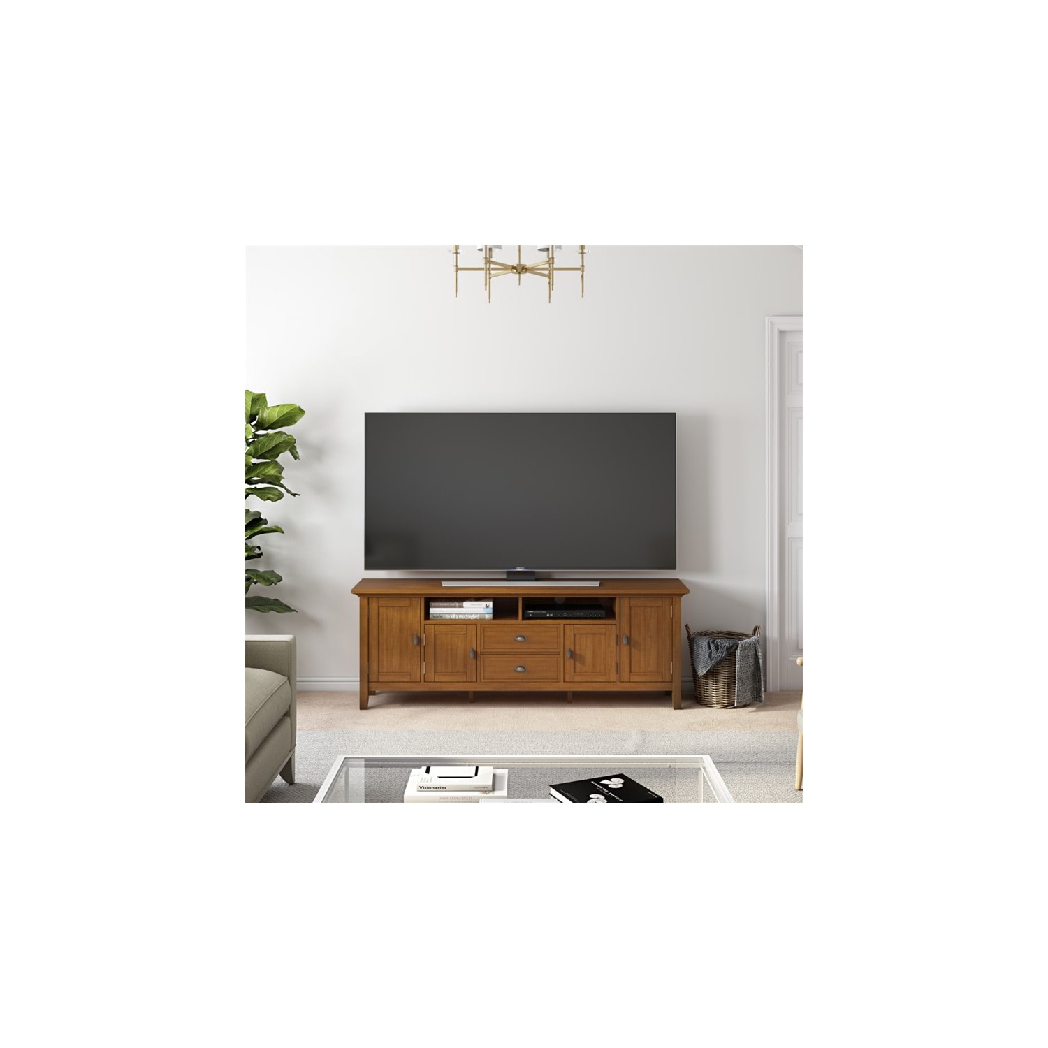 Simpli Home Redmond Wood 72" Transitional TV Media Stand in Light Golden Brown For TVs up to 80"