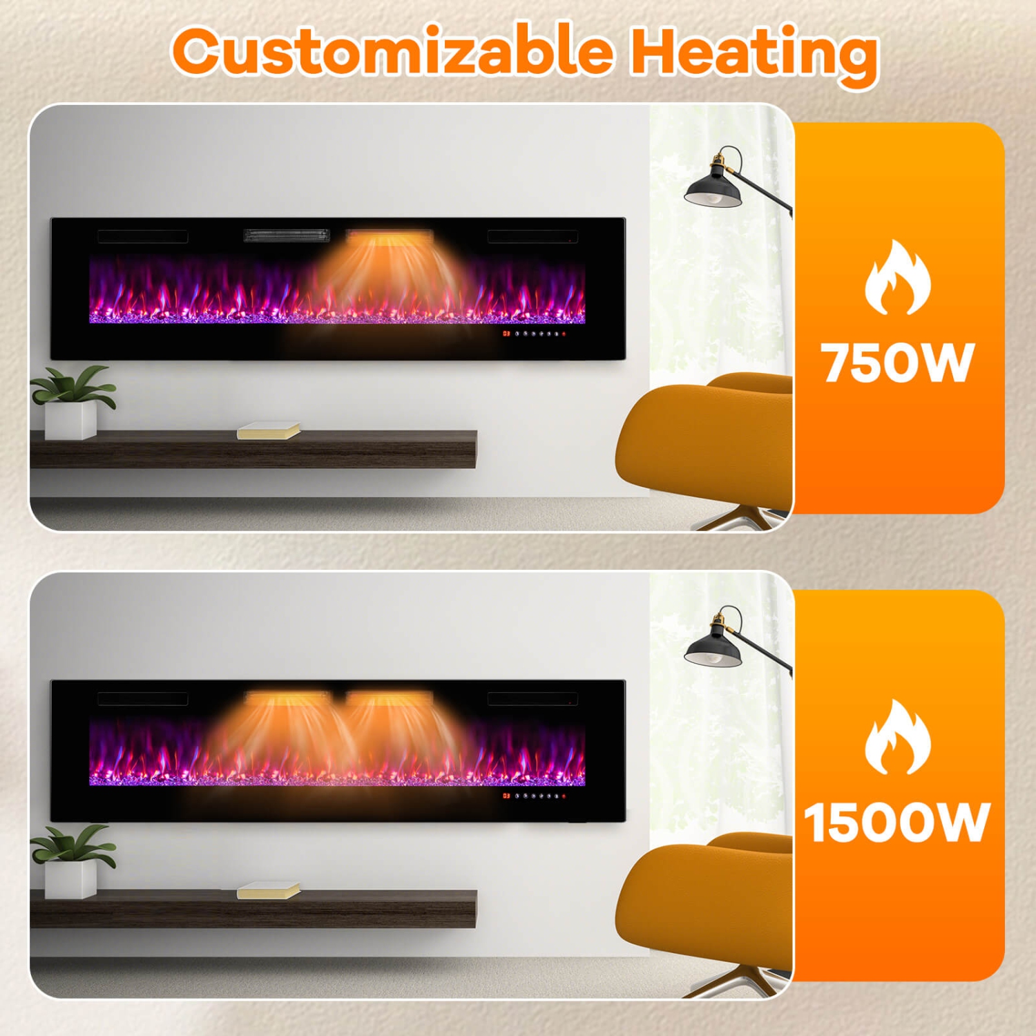 Costway 72 Inches Ultra-Thin Electric Fireplace Wall-Mounted & Recessed Fireplace Heater