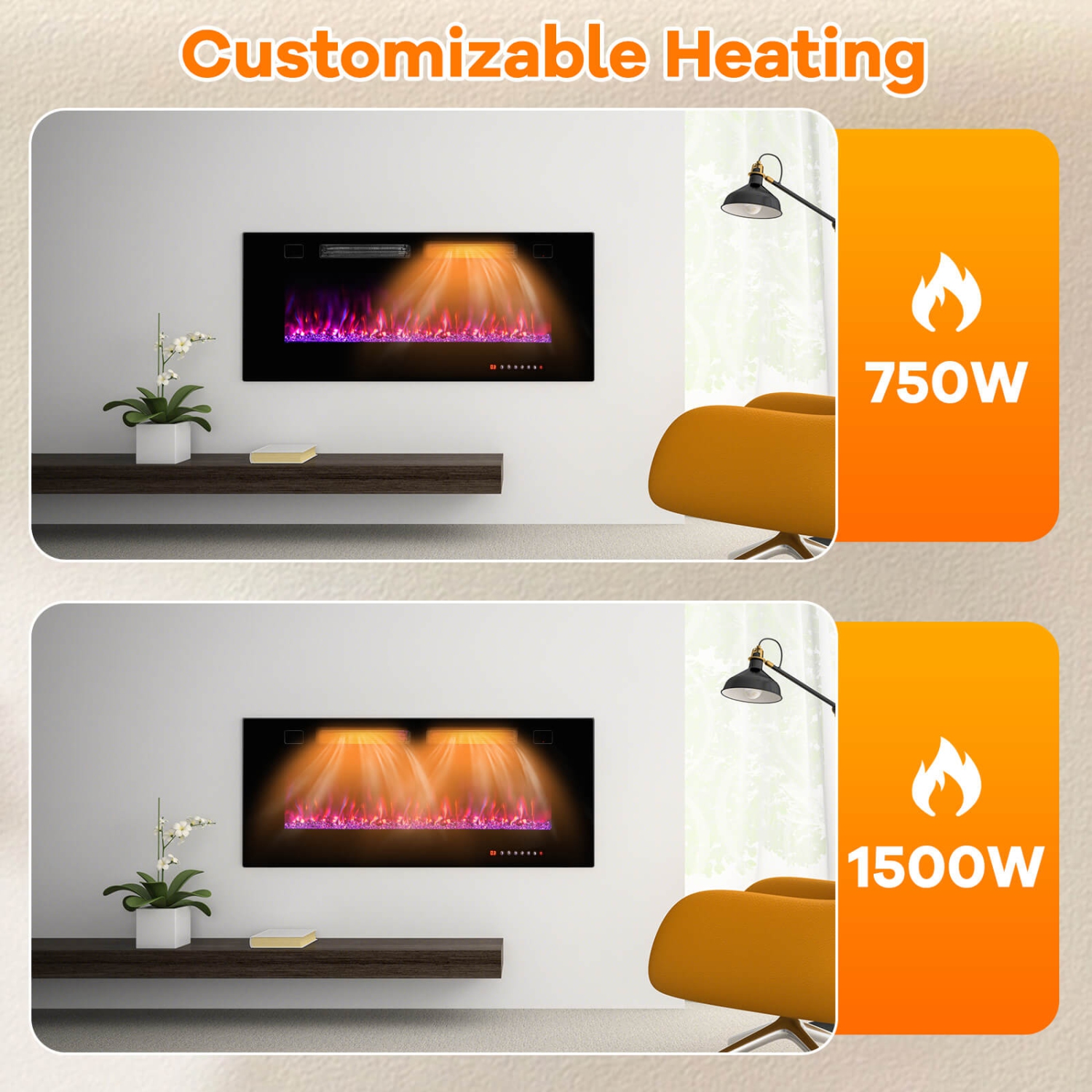 Costway 42 Inches Ultra-Thin Electric Fireplace Wall-Mounted & Recessed Fireplace Heater