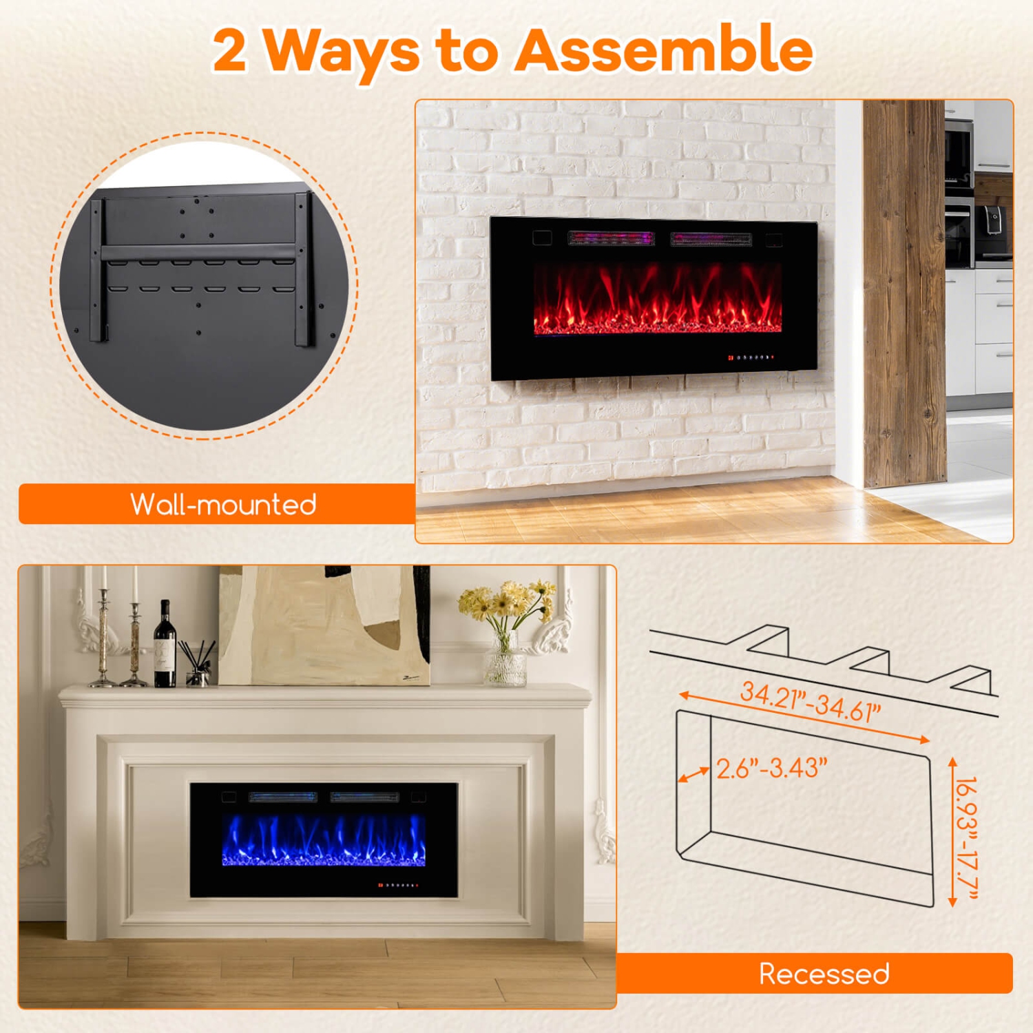 Costway 42 Inches Ultra-Thin Electric Fireplace Wall-Mounted & Recessed Fireplace Heater
