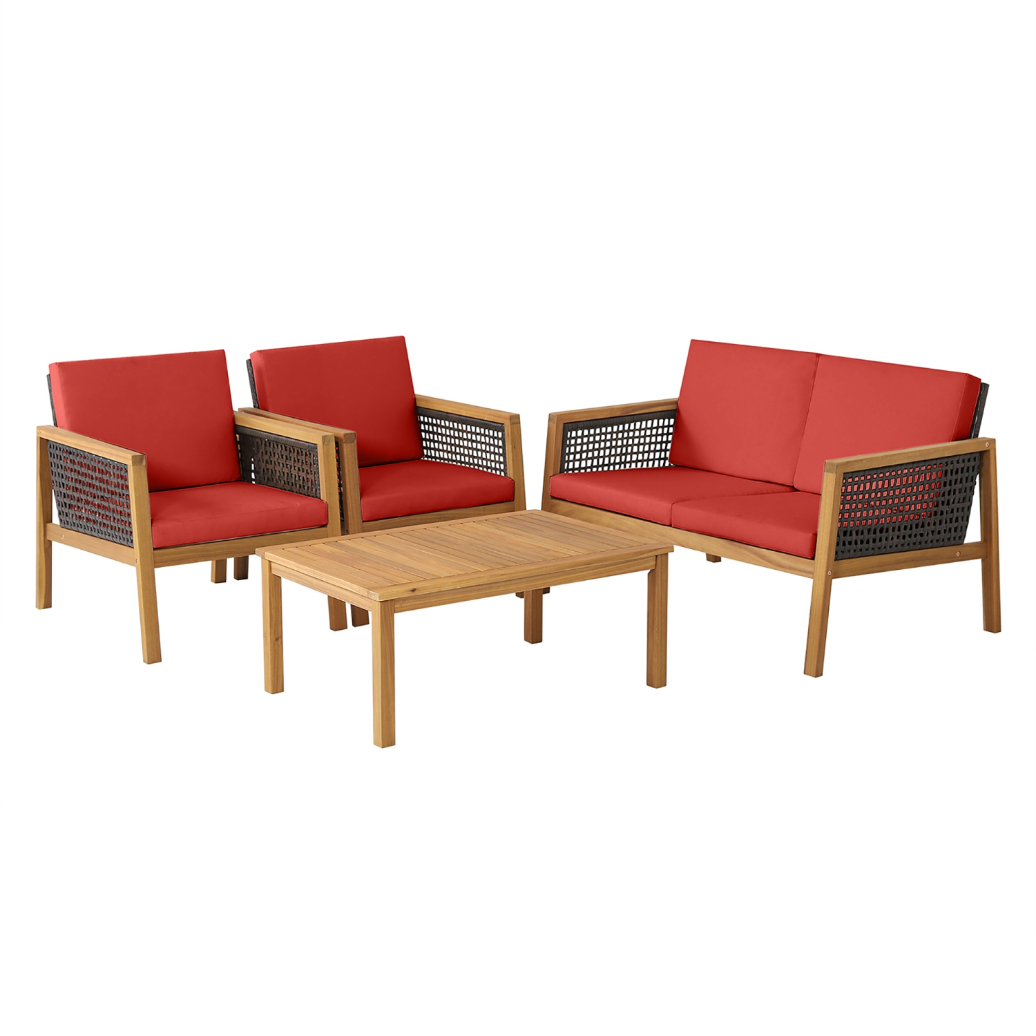 Costway 4PCS Patio Rattan Furniture Set Acacia Wood Cushioned Sofa