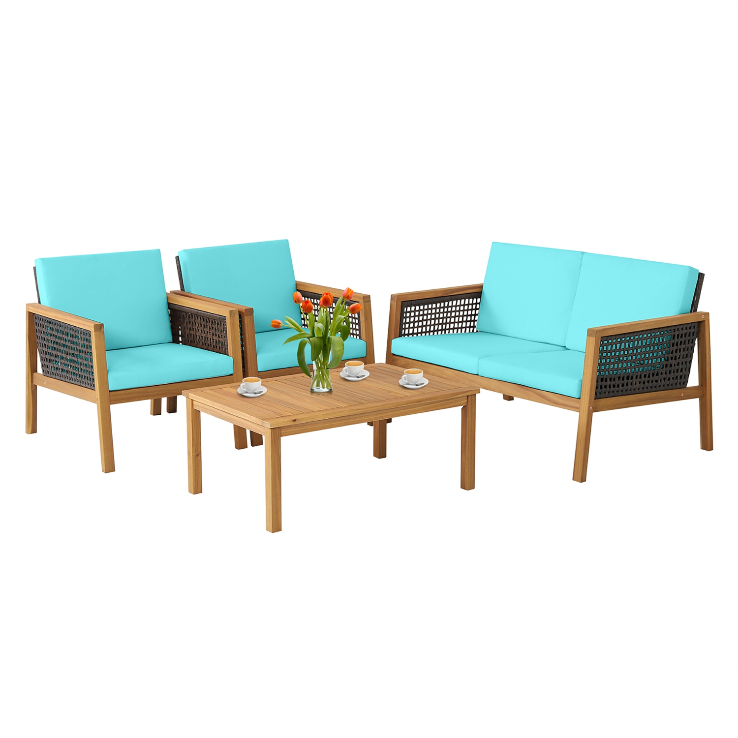 Costway 4PCS Patio Rattan Furniture Set Acacia Wood Cushioned Sofa