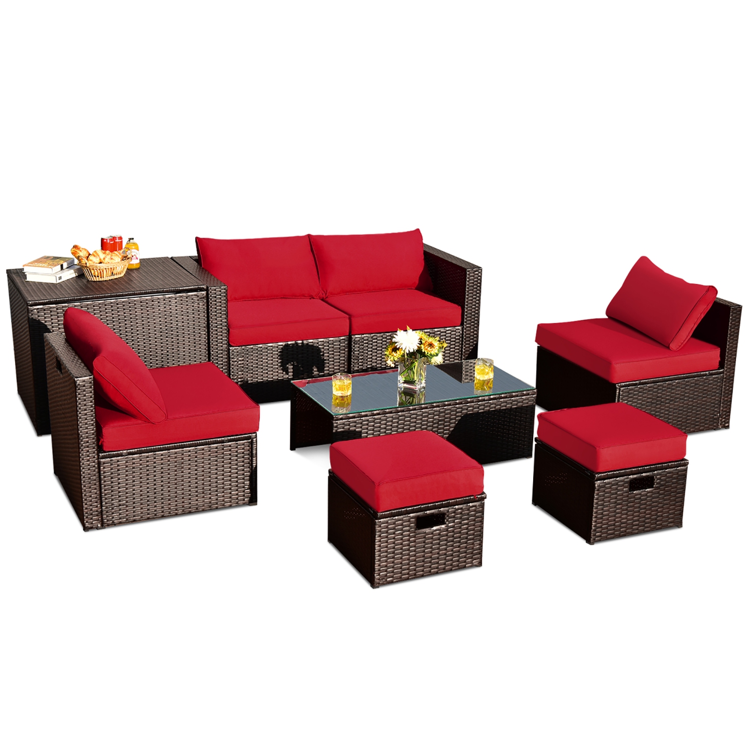 Costway 8PCS Patio Rattan Furniture Set Space-Saving Storage Cushion