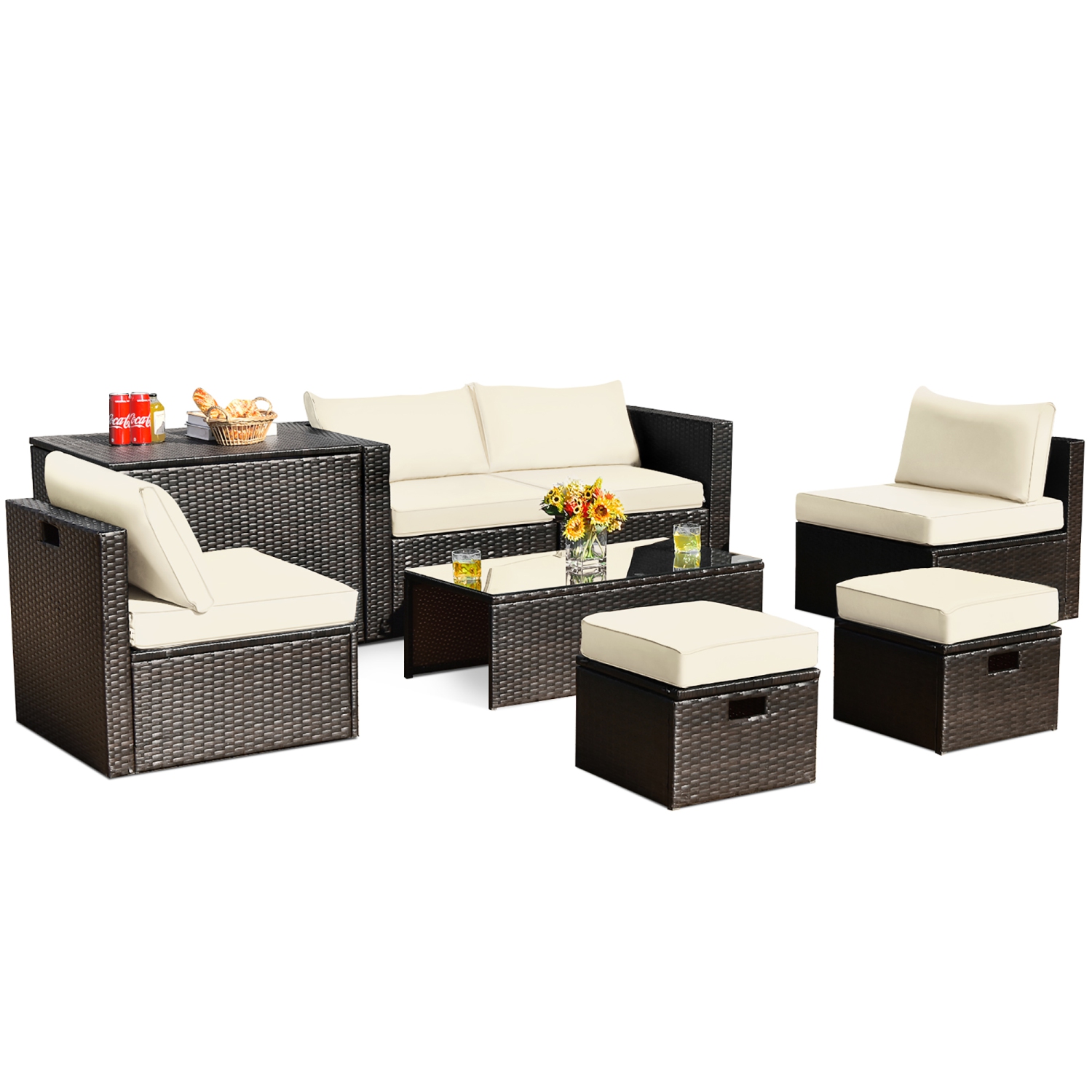 Costway 8PCS Patio Rattan Furniture Set Space-Saving Storage Cushion