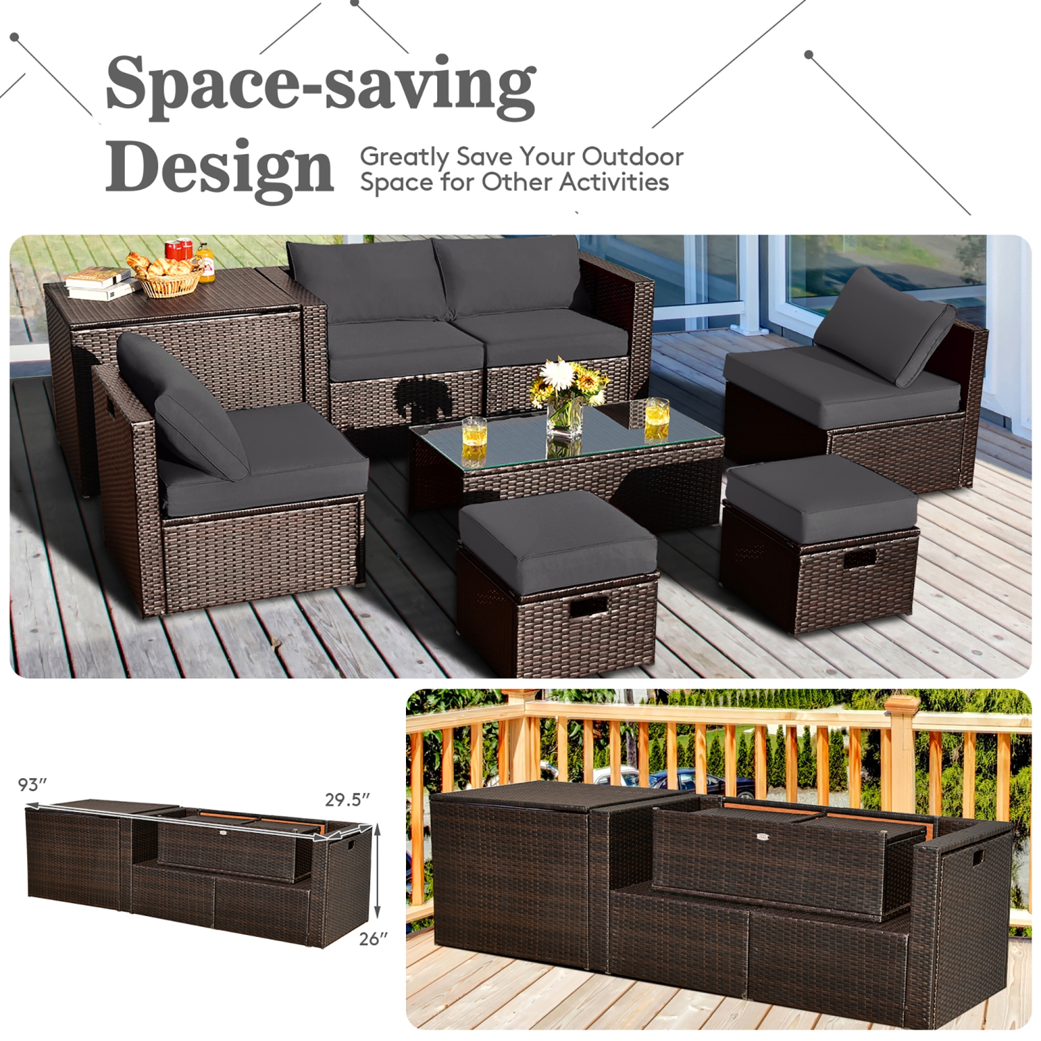 Costway 8PCS Patio Rattan Furniture Set Space-Saving Storage Cushion