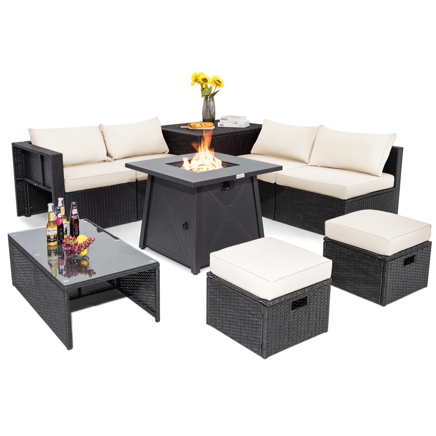 Costway 9PCS Patio Rattan Furniture Set Fire Pit Space-saving W/Cover&Cushion