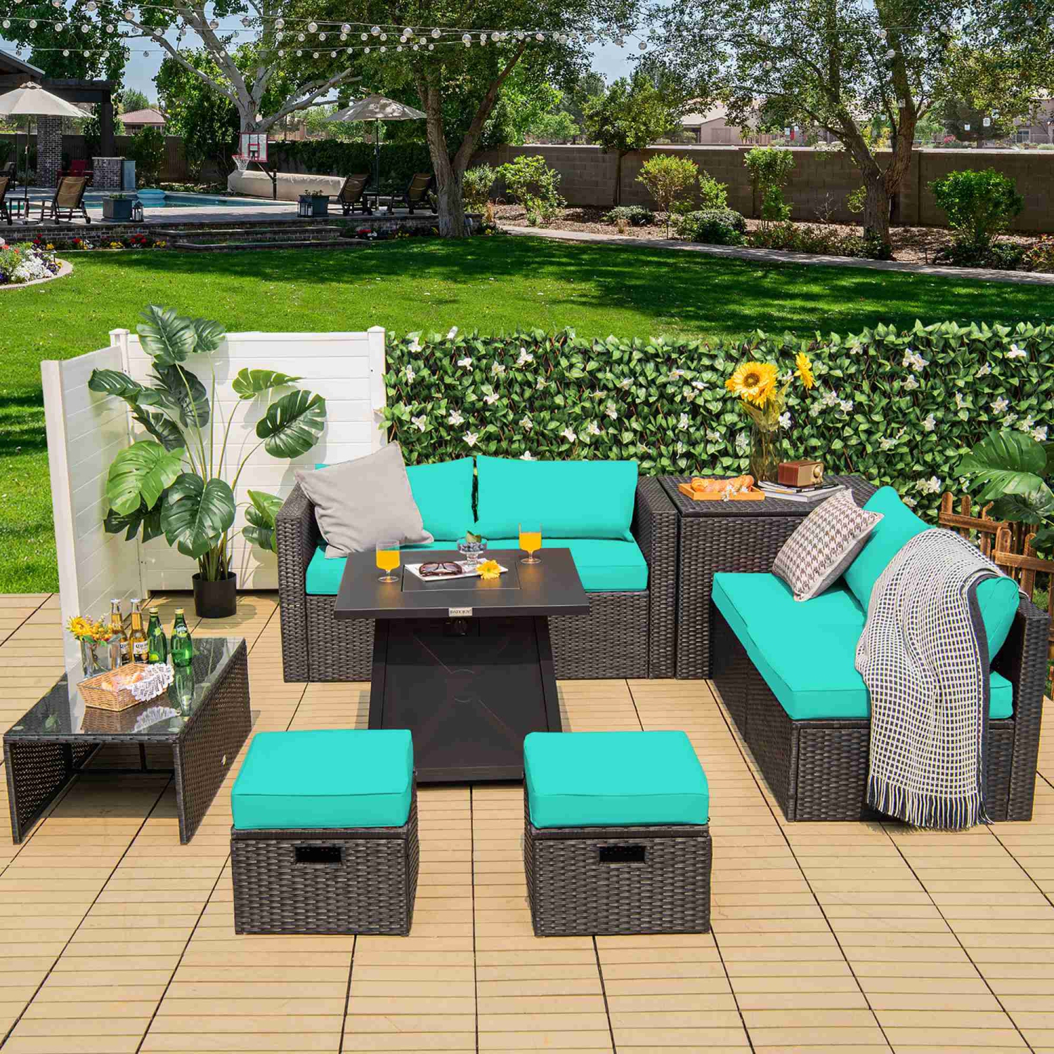 Costway 9PCS Patio Rattan Furniture Set Fire Pit Space-saving W/Cover Off White Cushion