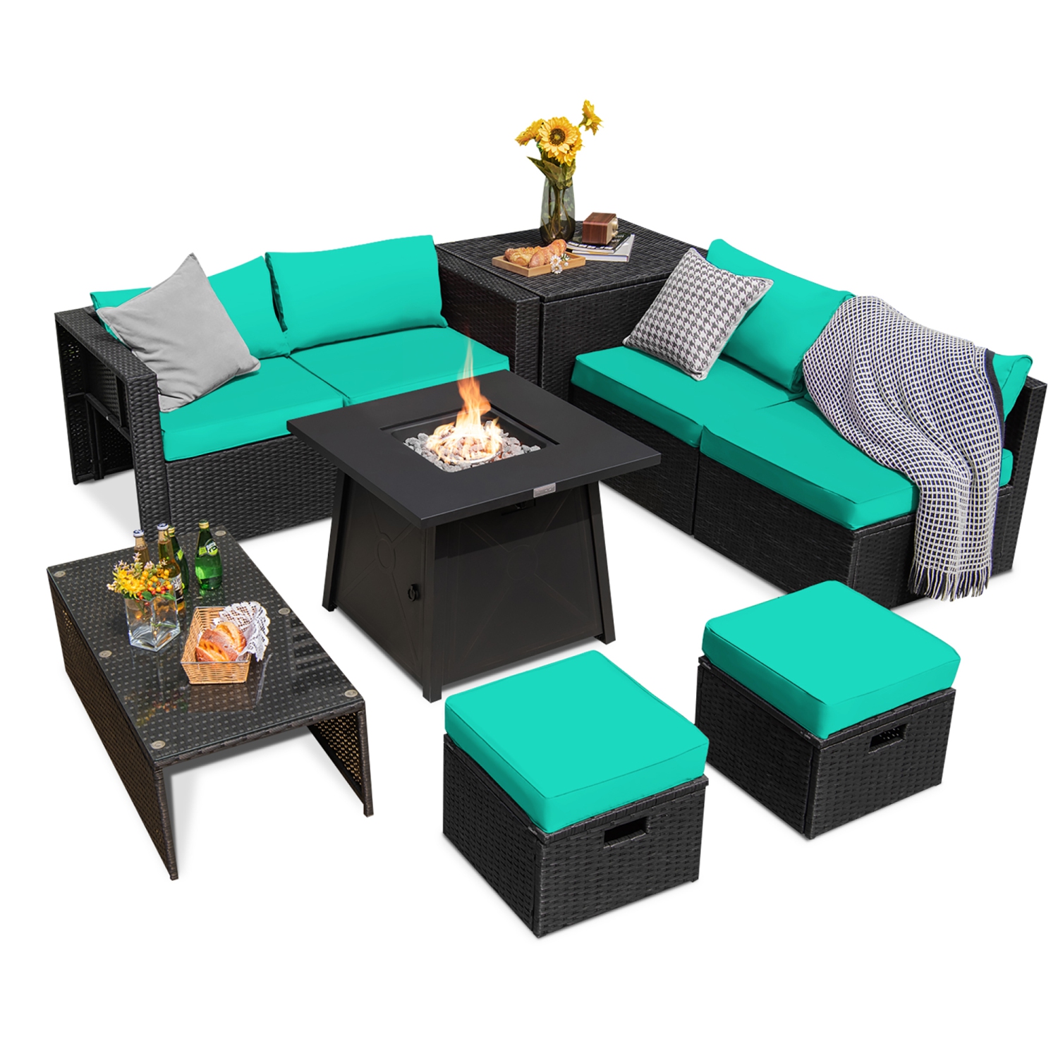 Costway 9PCS Patio Rattan Furniture Set Fire Pit Space-saving W/Cover Off White Cushion