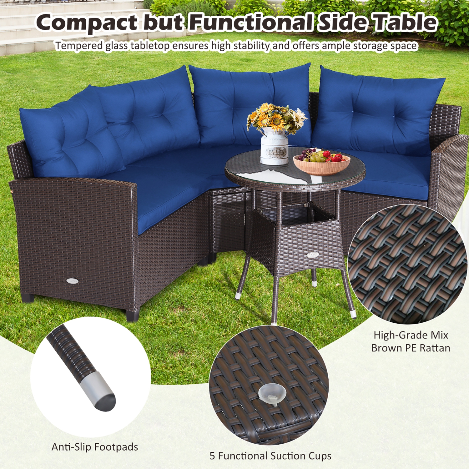 Costway 4PCS Patio Rattan Furniture Set Cushioned Sofa Glass Table Garden Navy