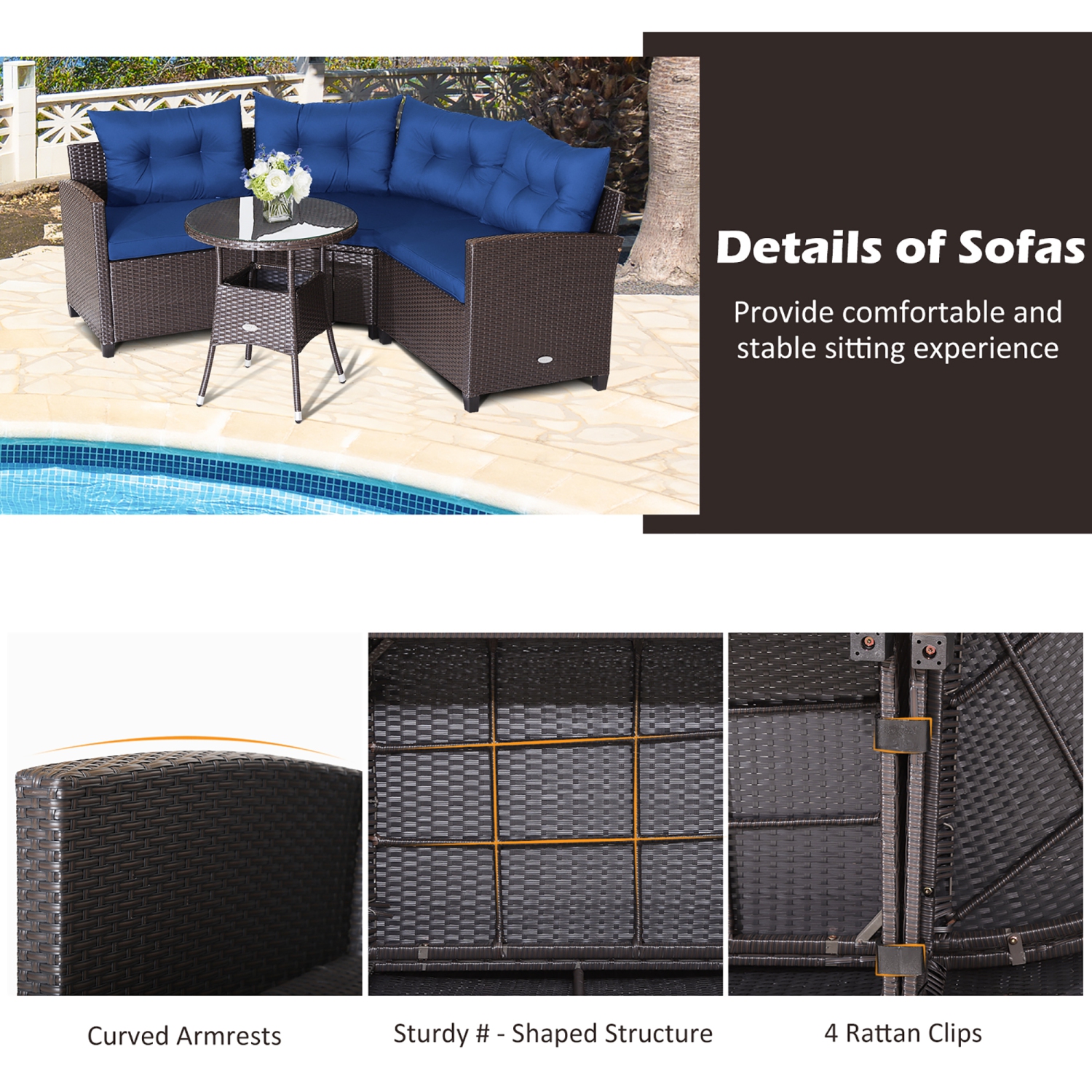 Costway 4PCS Patio Rattan Furniture Set Cushioned Sofa Glass Table Garden Navy