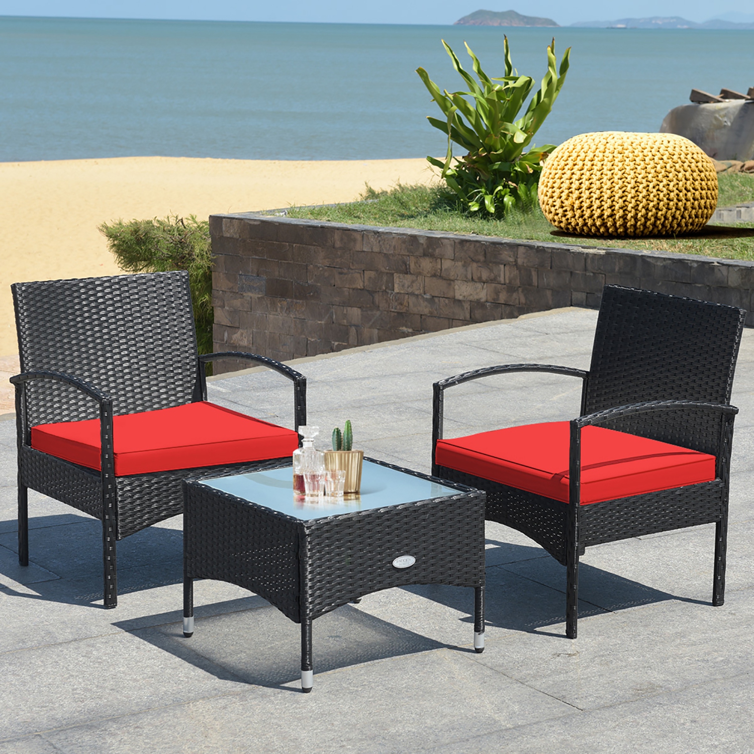 Costway 3 PCS Patio Wicker Rattan Furniture Set Coffee Table & 2 Rattan Chair W/Cushion