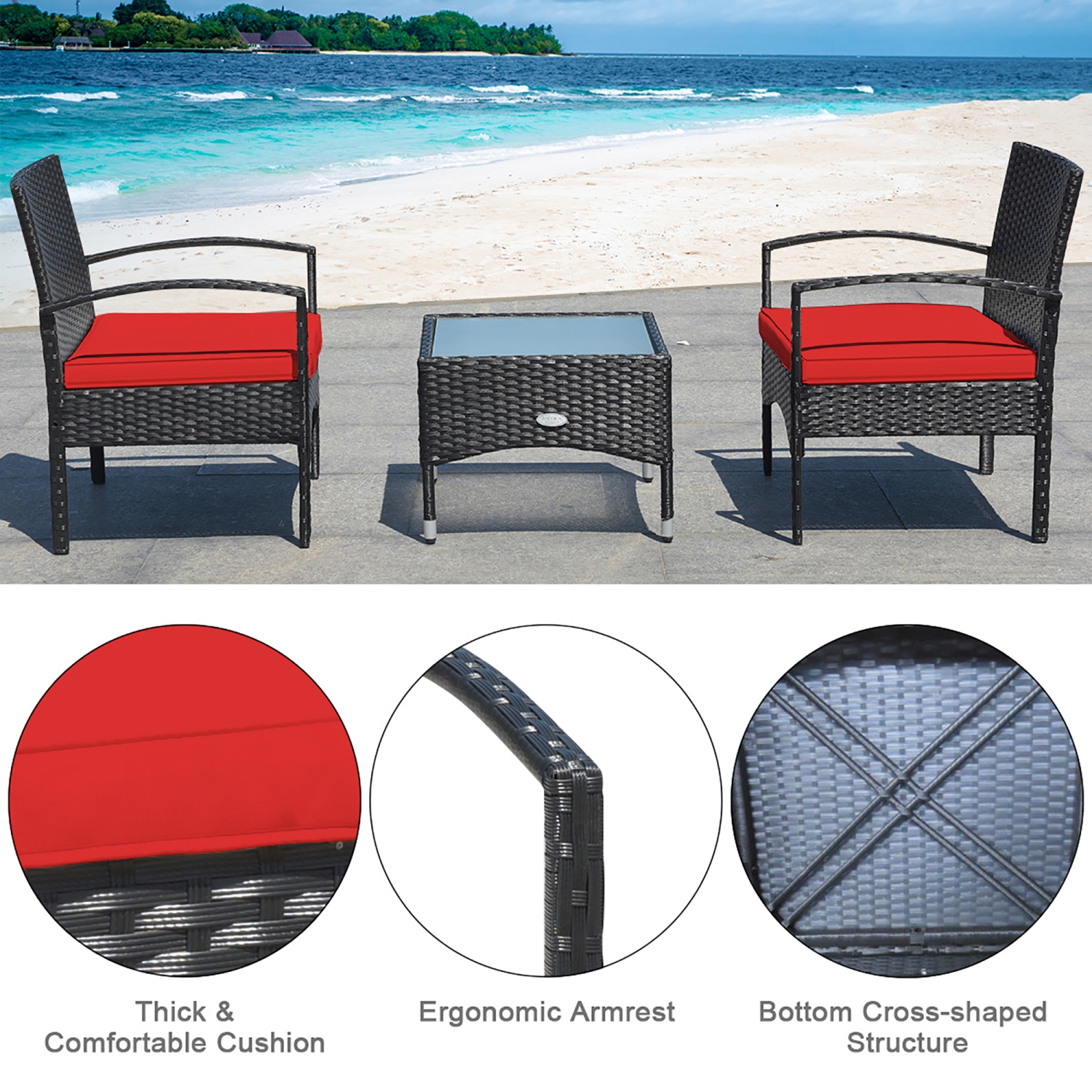 Costway 3 PCS Patio Wicker Rattan Furniture Set Coffee Table & 2 Rattan Chair W/Cushion