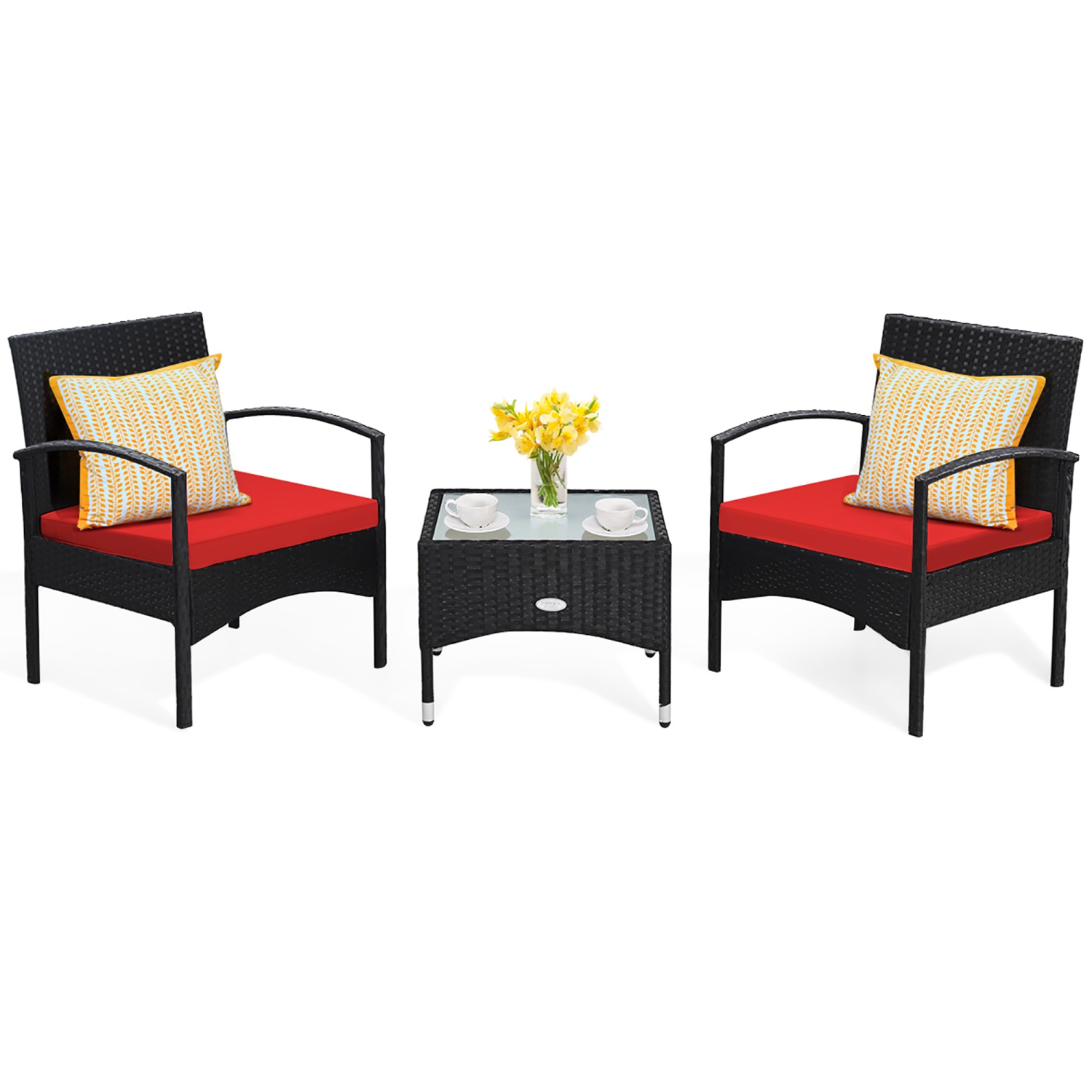 Costway 3 PCS Patio Wicker Rattan Furniture Set Coffee Table & 2 Rattan Chair W/Cushion