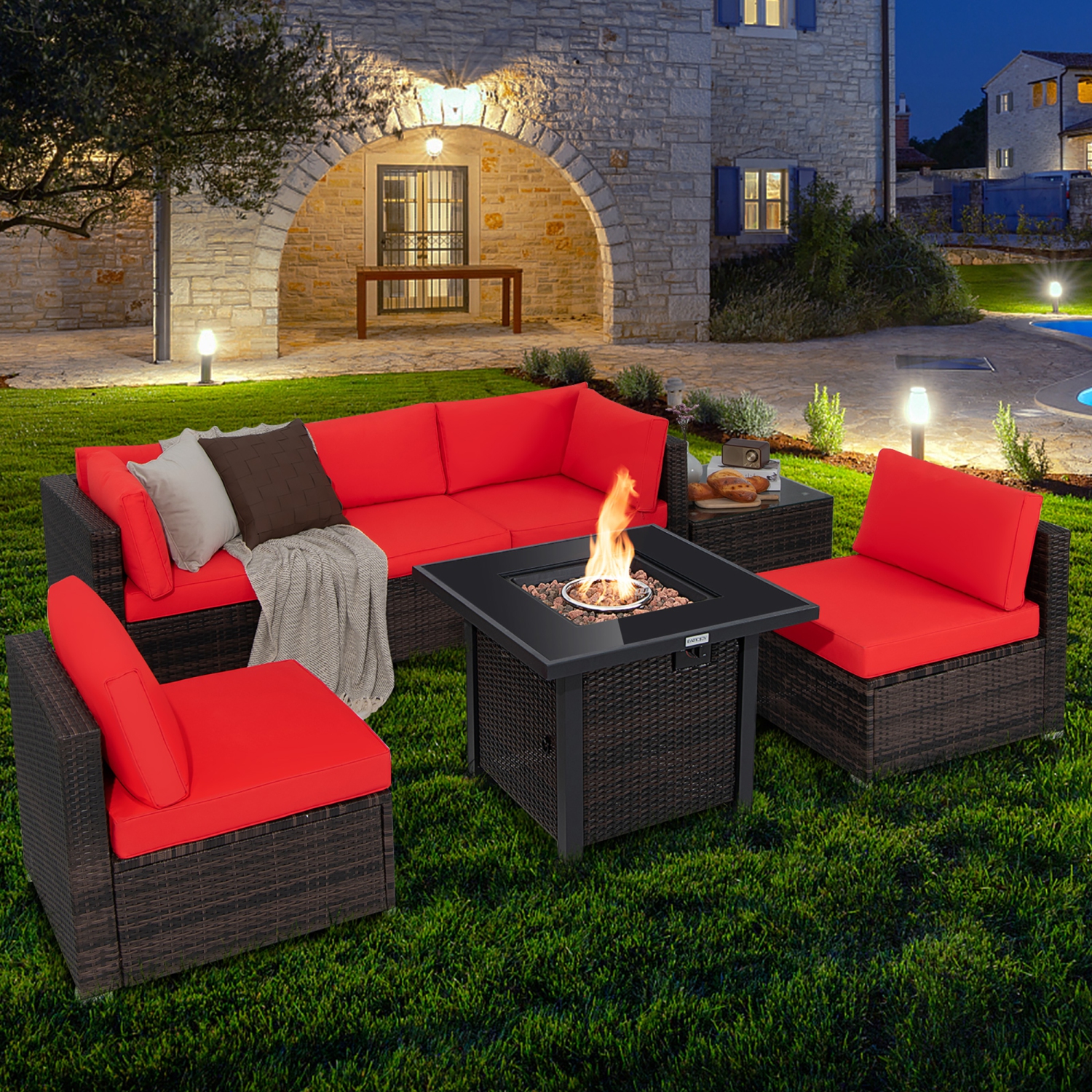Costway 7PCS Patio Rattan Furniture Set Fire Pit Table Cover Glass Top Cushion Off White\Black\Navy\Red\Turquoise